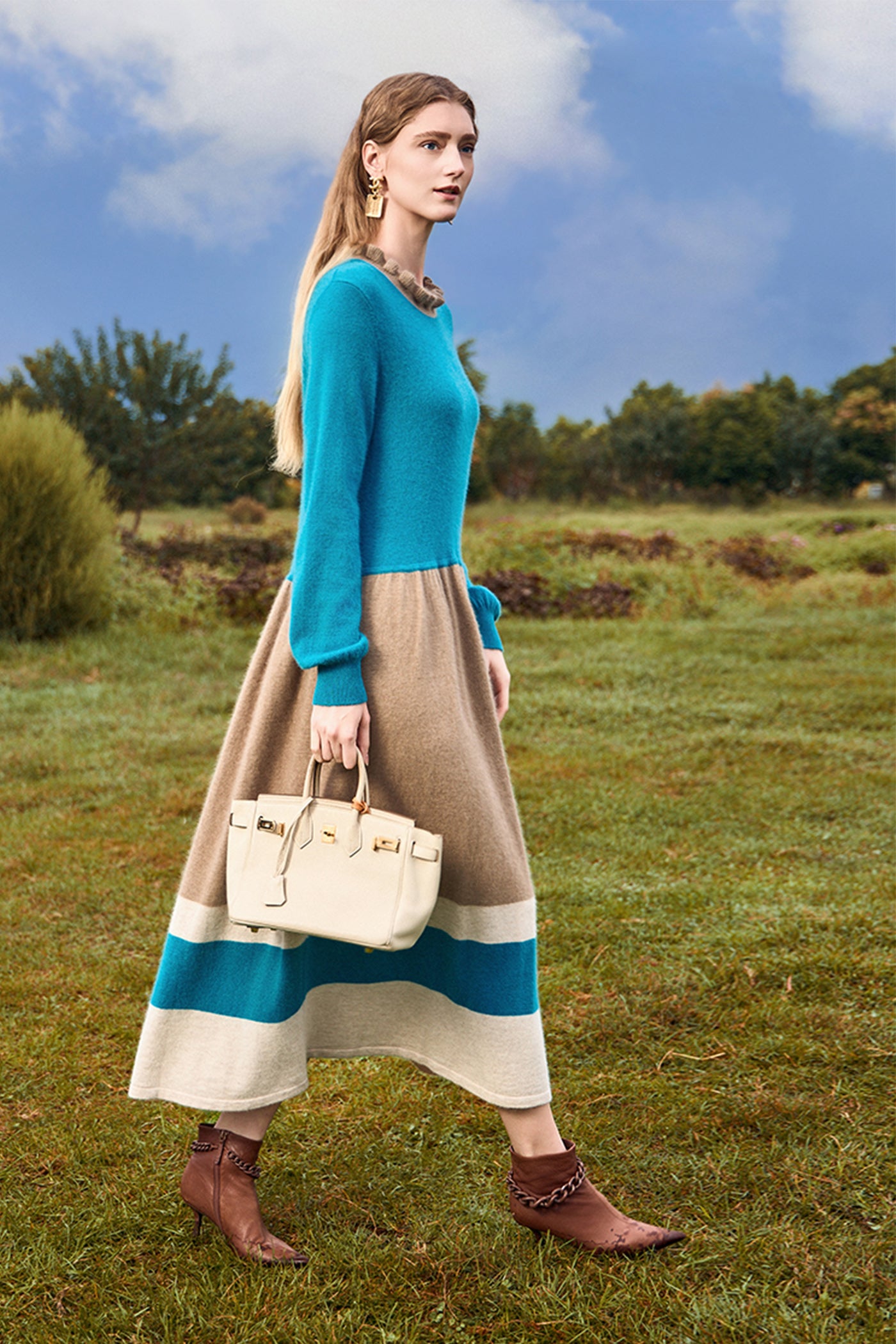KAMILAN French Chic Knit-Panel Midi Dress – 2025 Autumn New Long-Sleeve Slim-Fit Sweater Dress
