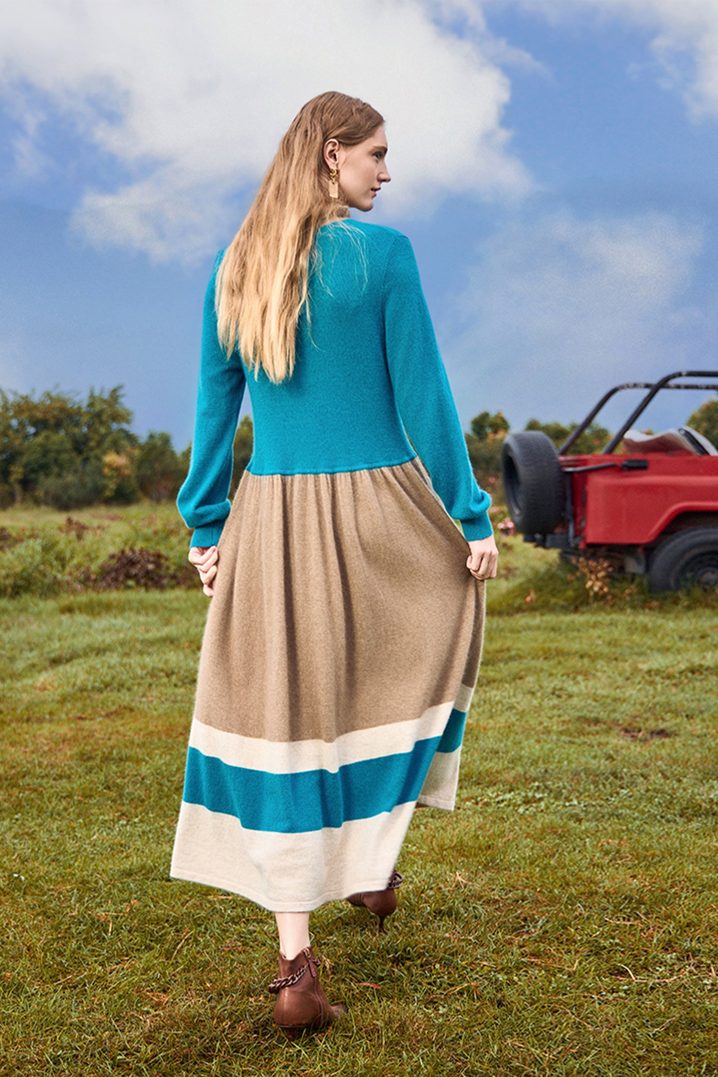 KAMILAN French Chic Knit-Panel Midi Dress – 2025 Autumn New Long-Sleeve Slim-Fit Sweater Dress