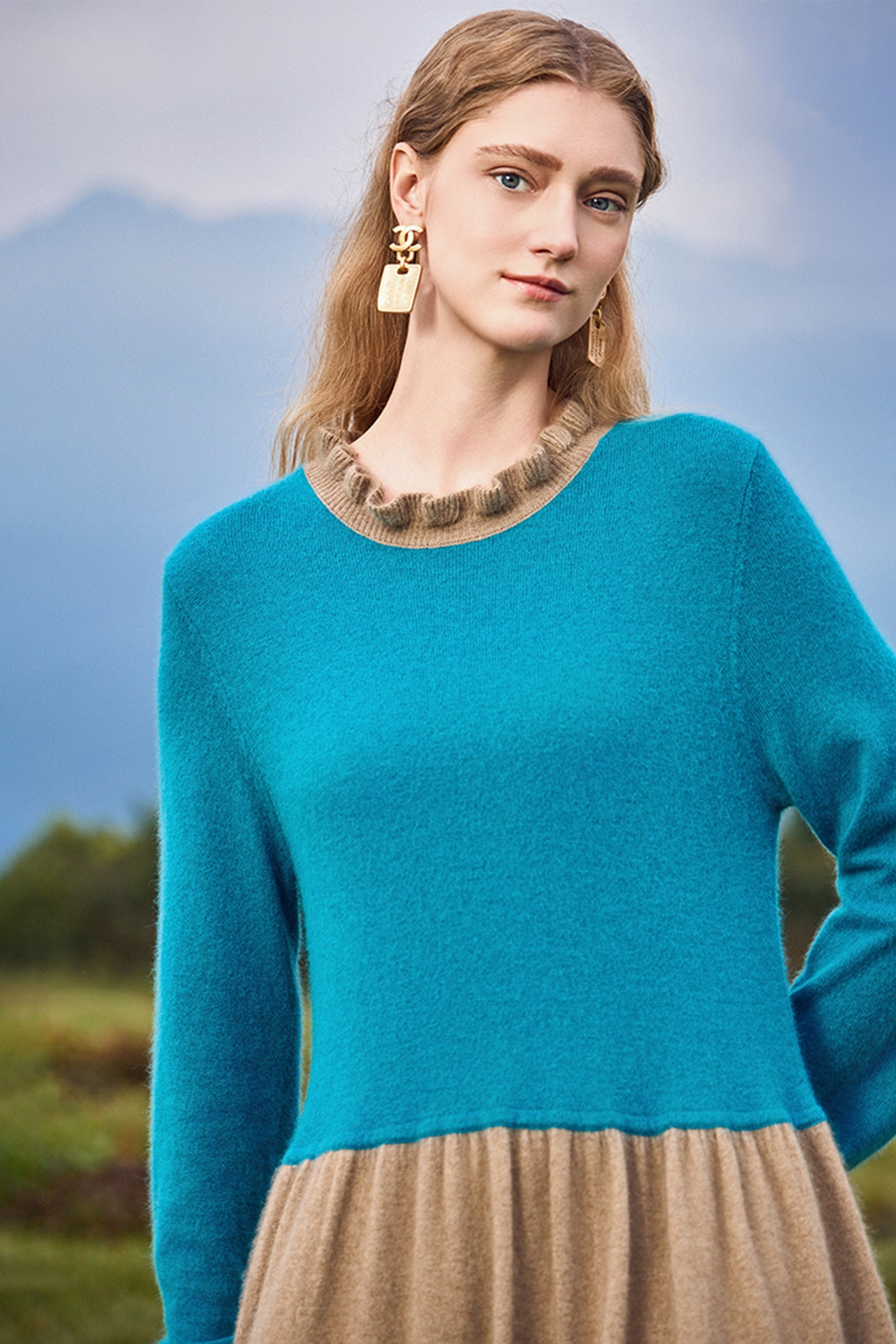 KAMILAN French Chic Knit-Panel Midi Dress – 2025 Autumn New Long-Sleeve Slim-Fit Sweater Dress