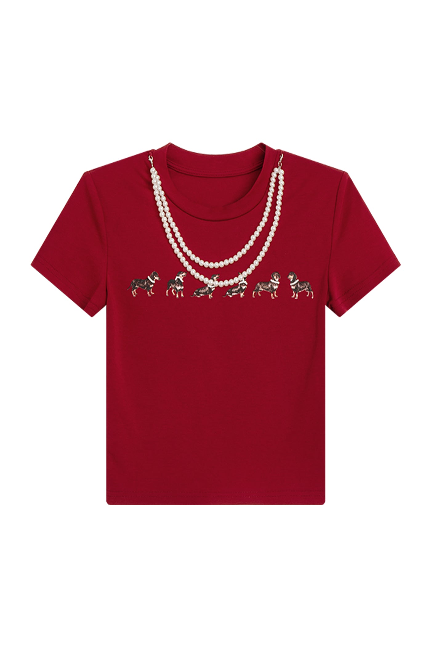 KAMILAN Printed T-Shirt with Faux Pearl Necklace Detail