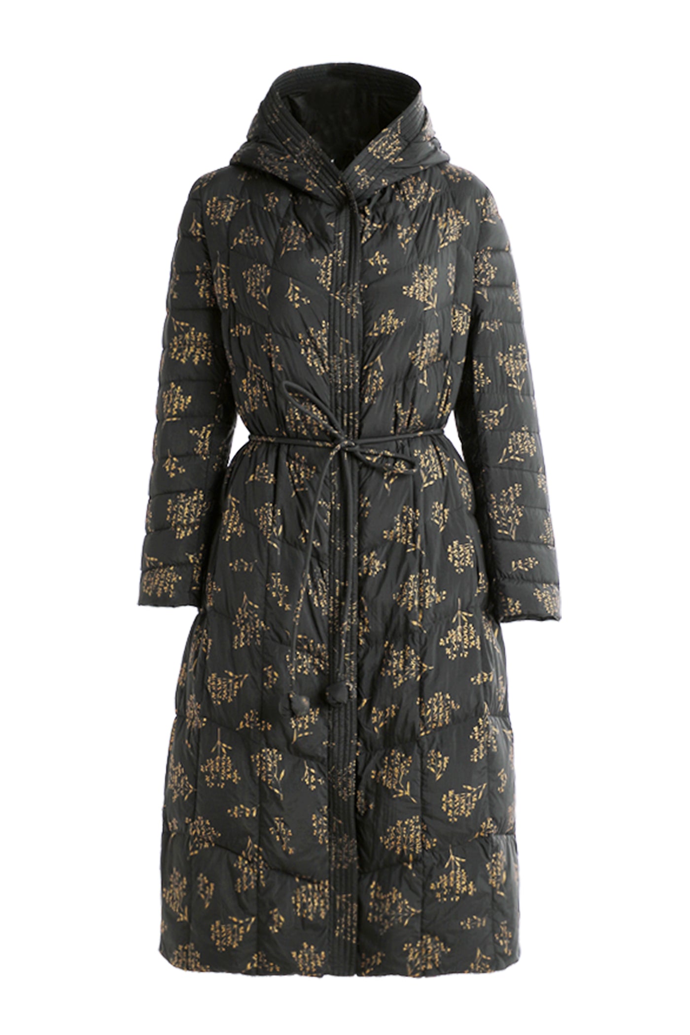 KAMILAN Noir Botanique Quilted Down Coat with Golden Motif