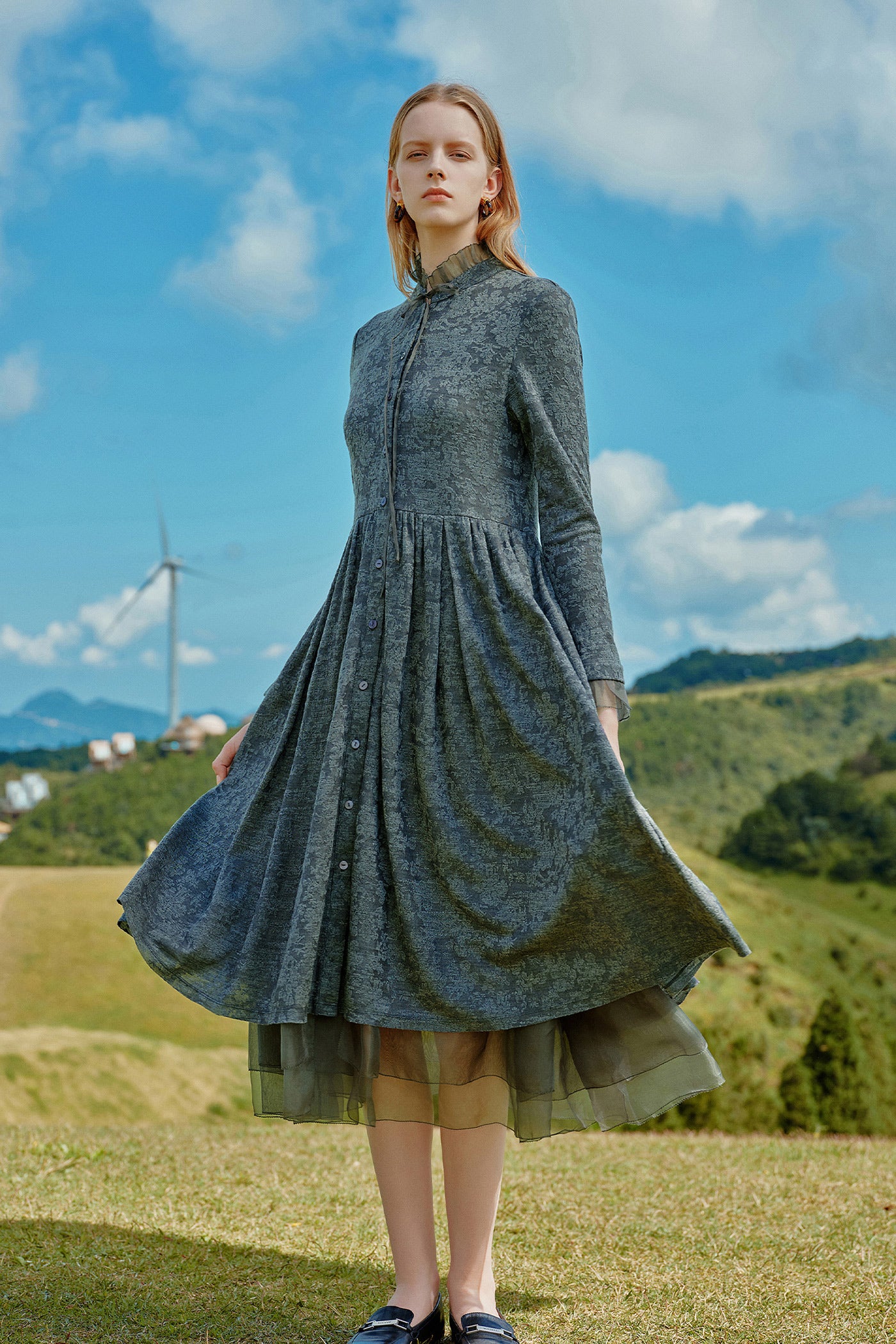 KAMILAN Women's Wool Midi Dress – 2025 Autumn New Patchwork A-Line Sweater Dress