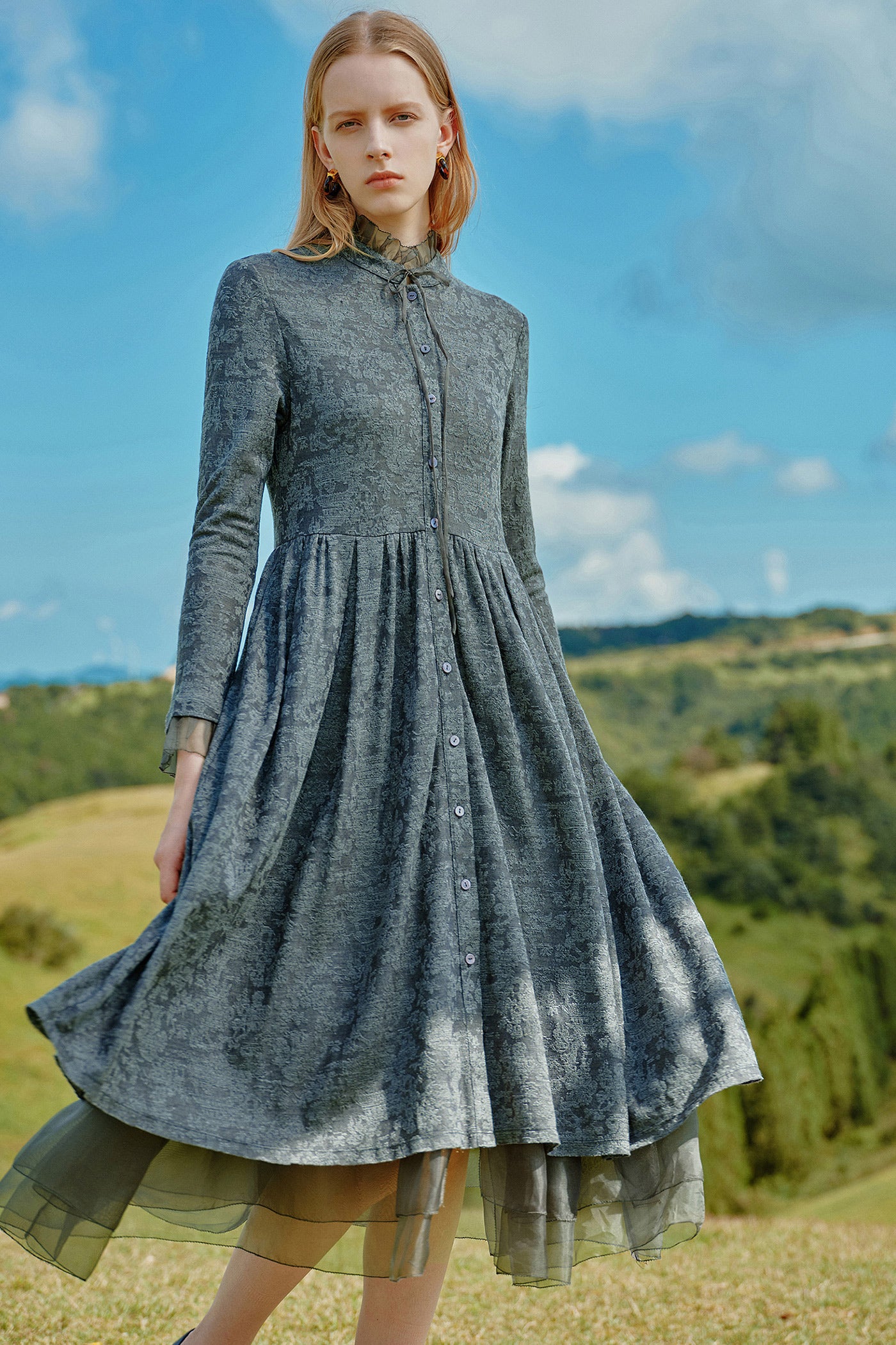 KAMILAN Women's Wool Midi Dress – 2025 Autumn New Patchwork A-Line Sweater Dress