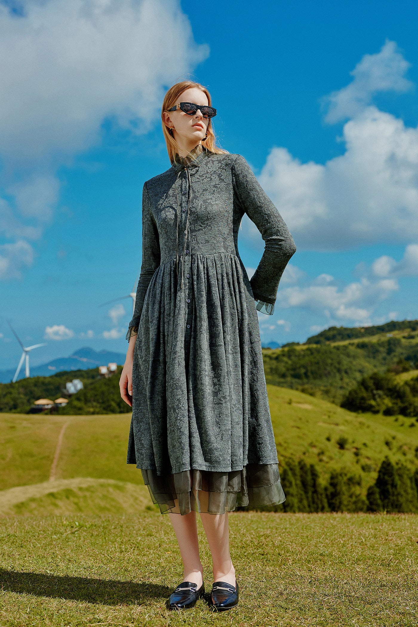 KAMILAN Women's Wool Midi Dress – 2025 Autumn New Patchwork A-Line Sweater Dress