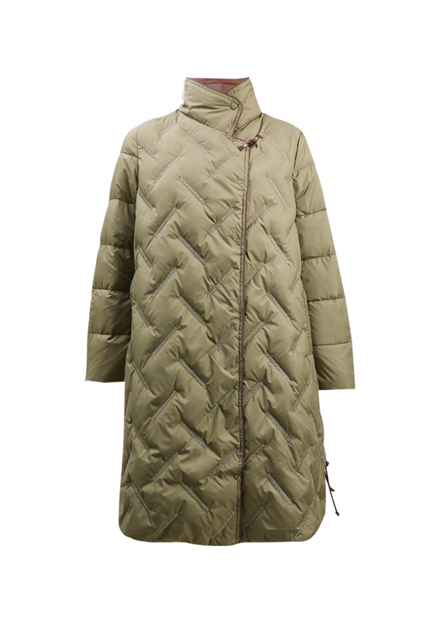 KAMILAN Quilted Down Coat with Structured Stand Collar and Mid-Length Silhouette