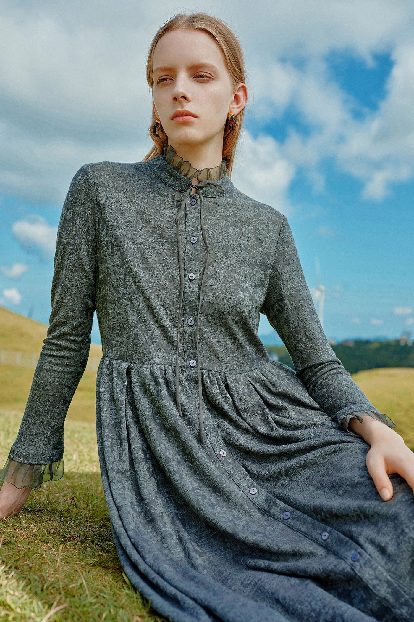 KAMILAN Women's Wool Midi Dress – 2025 Autumn New Patchwork A-Line Sweater Dress
