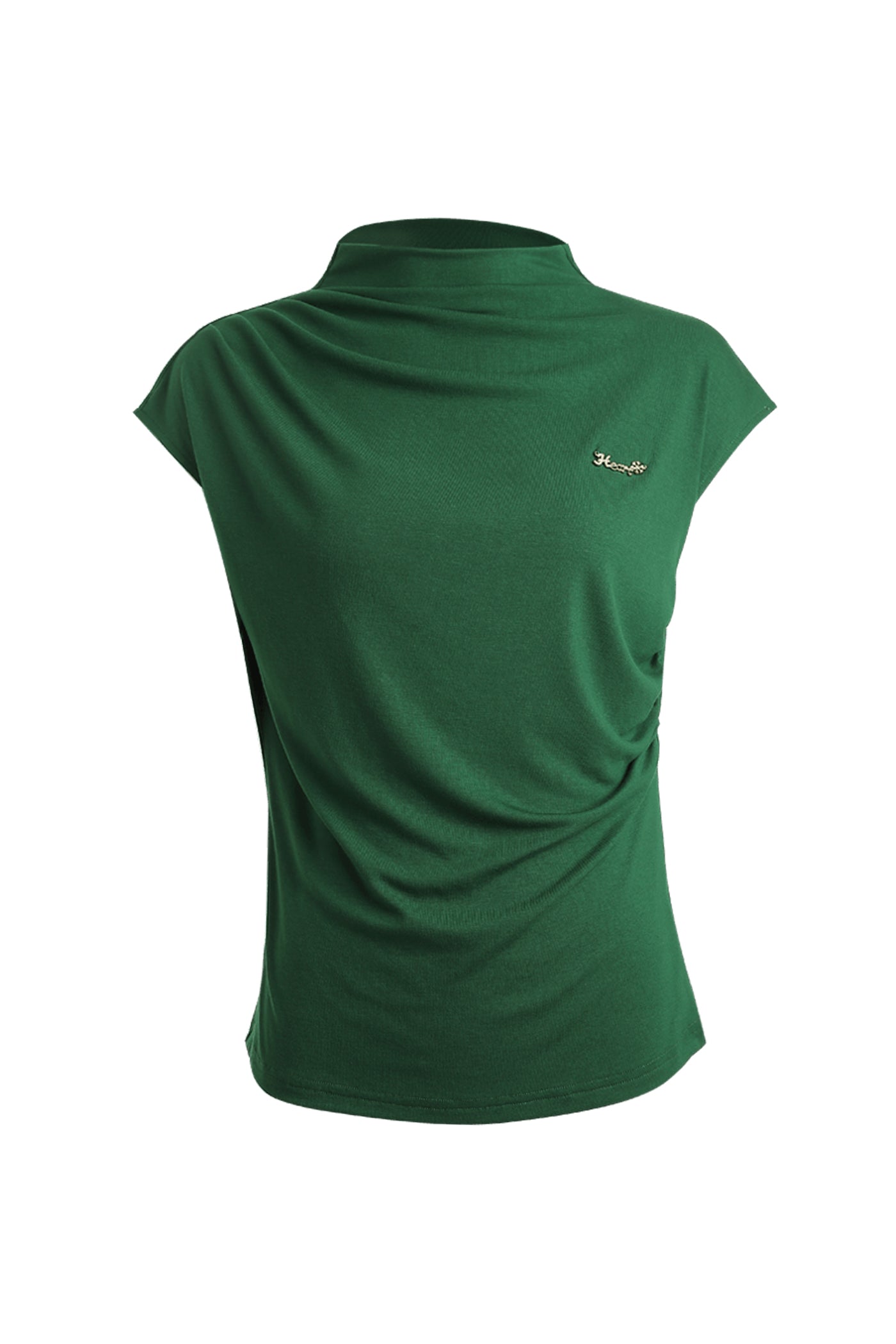 KAMILAN Draped Mock Neck Sleeveless Tee in Emerald Green