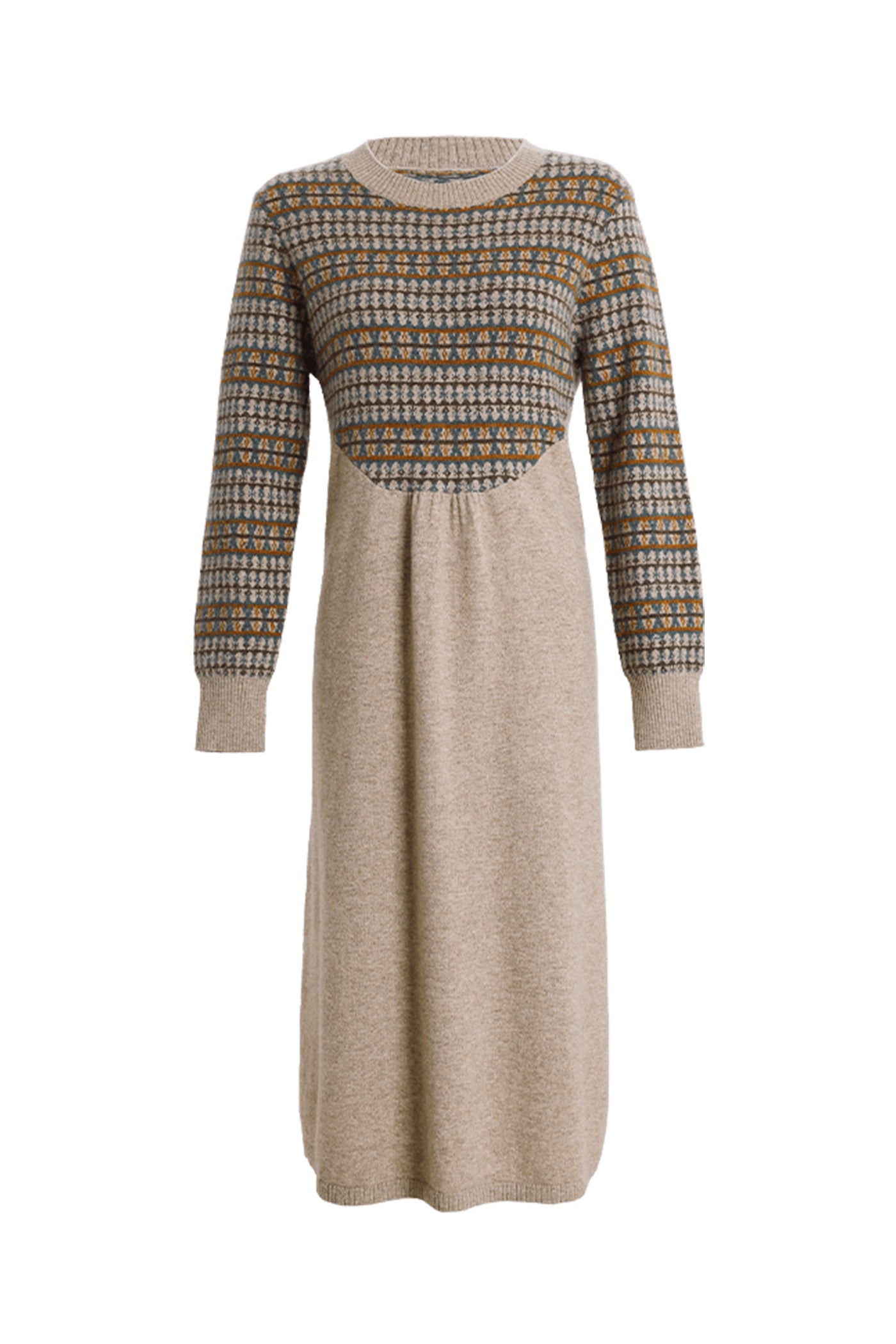 KAMILAN Women’s Wool Knit Midi Dress – 2025 Autumn/Winter New Printed Patchwork Sweater Dress