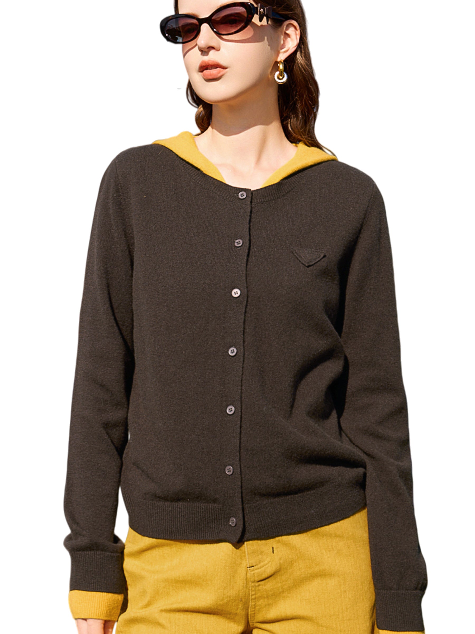 KAMILAN Women’s 2025 Fall 100% Merino Wool Colorblock Hooded Knit Cardigan Button-Front Soft Loose-Fit Sweater Jacket