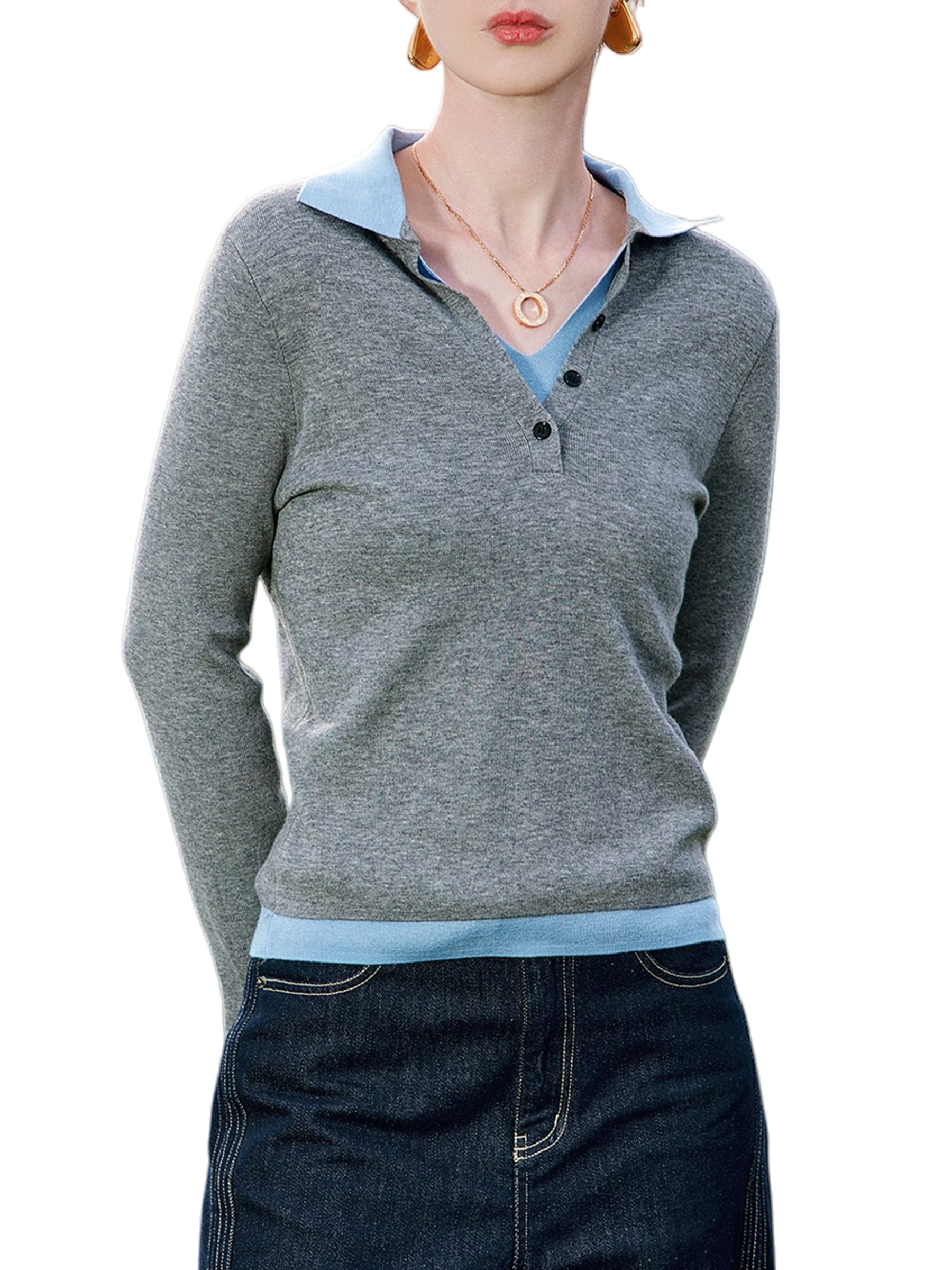 KAMILAN Women’s 2025 Fall French-Style Colorblock Polo Collar Knit Pullover Sweater Slim Casual Long-Sleeve Top