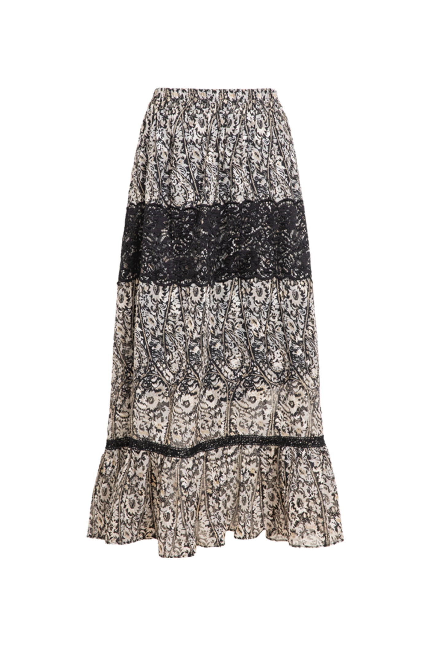 KAMILAN Black & Ivory Lace-Panel Printed Midi Skirt