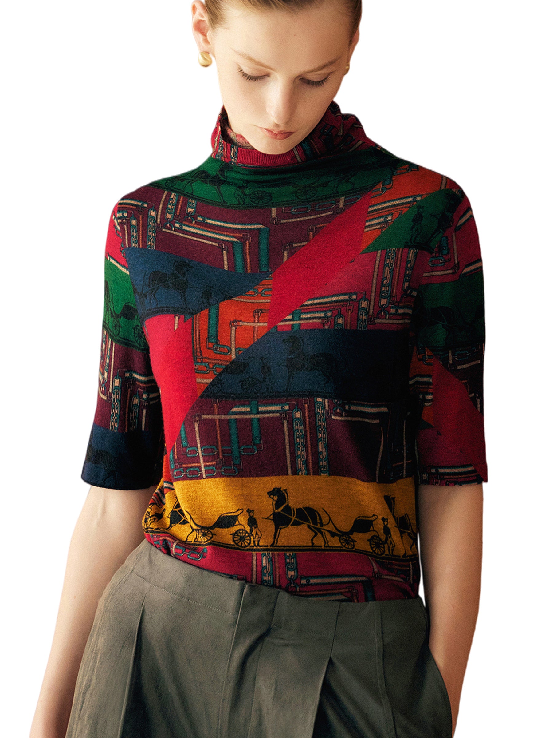 KAMILAN Women’s 2025 Fall 100% Merino Wool Printed Mock-Neck Knit Sweater Elegant Fine Long-Sleeve Pullover Top