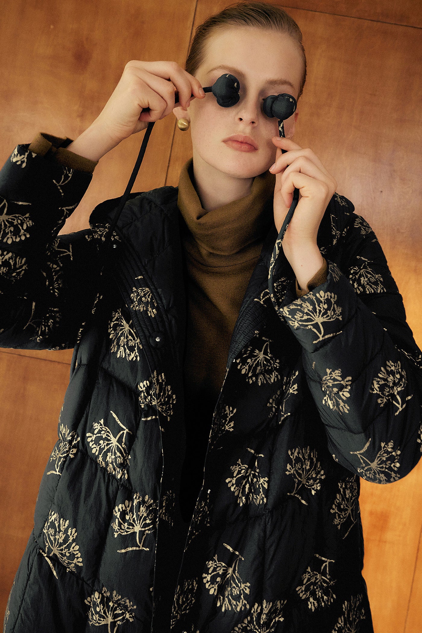KAMILAN Noir Botanique Quilted Down Coat with Golden Motif