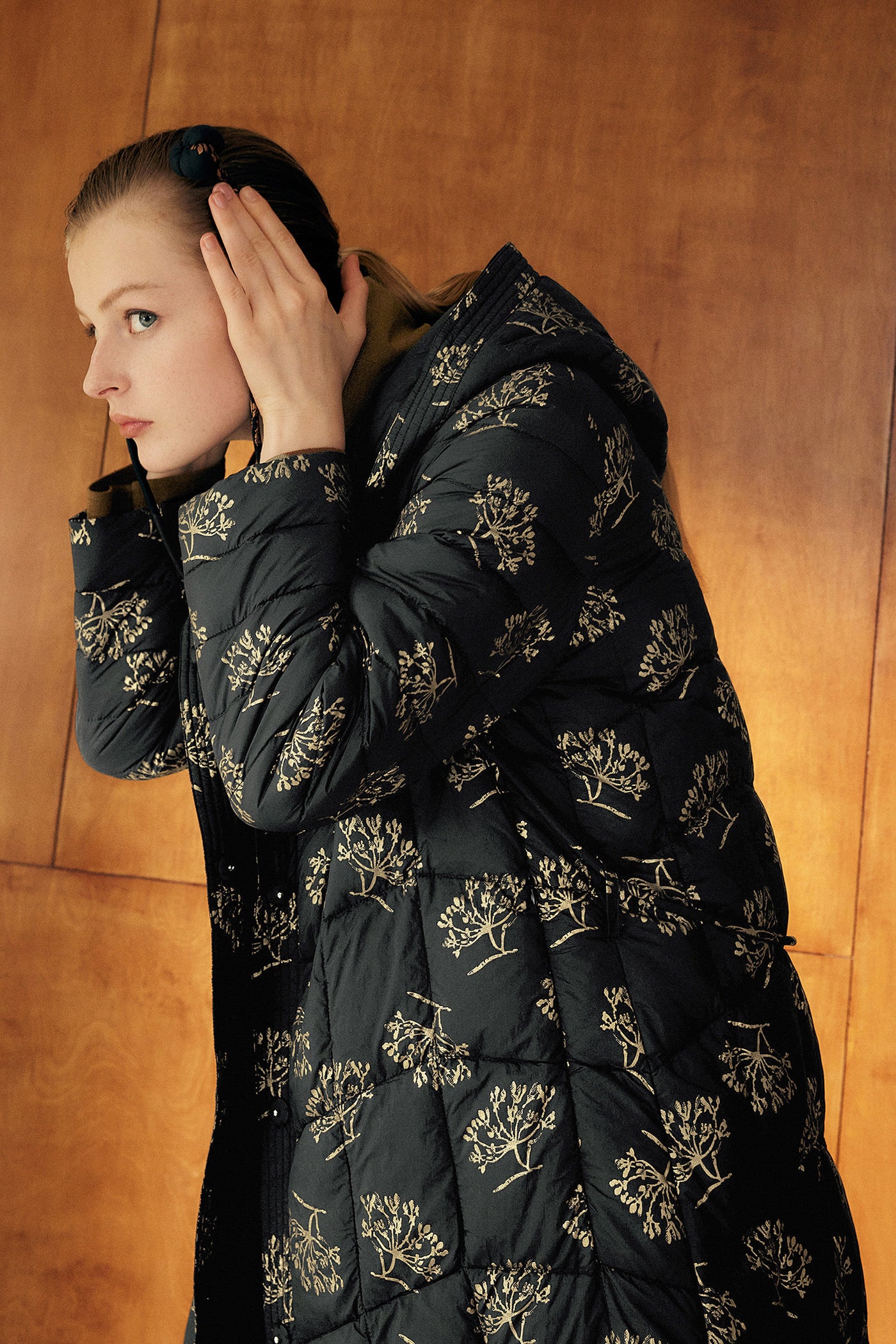 KAMILAN Noir Botanique Quilted Down Coat with Golden Motif