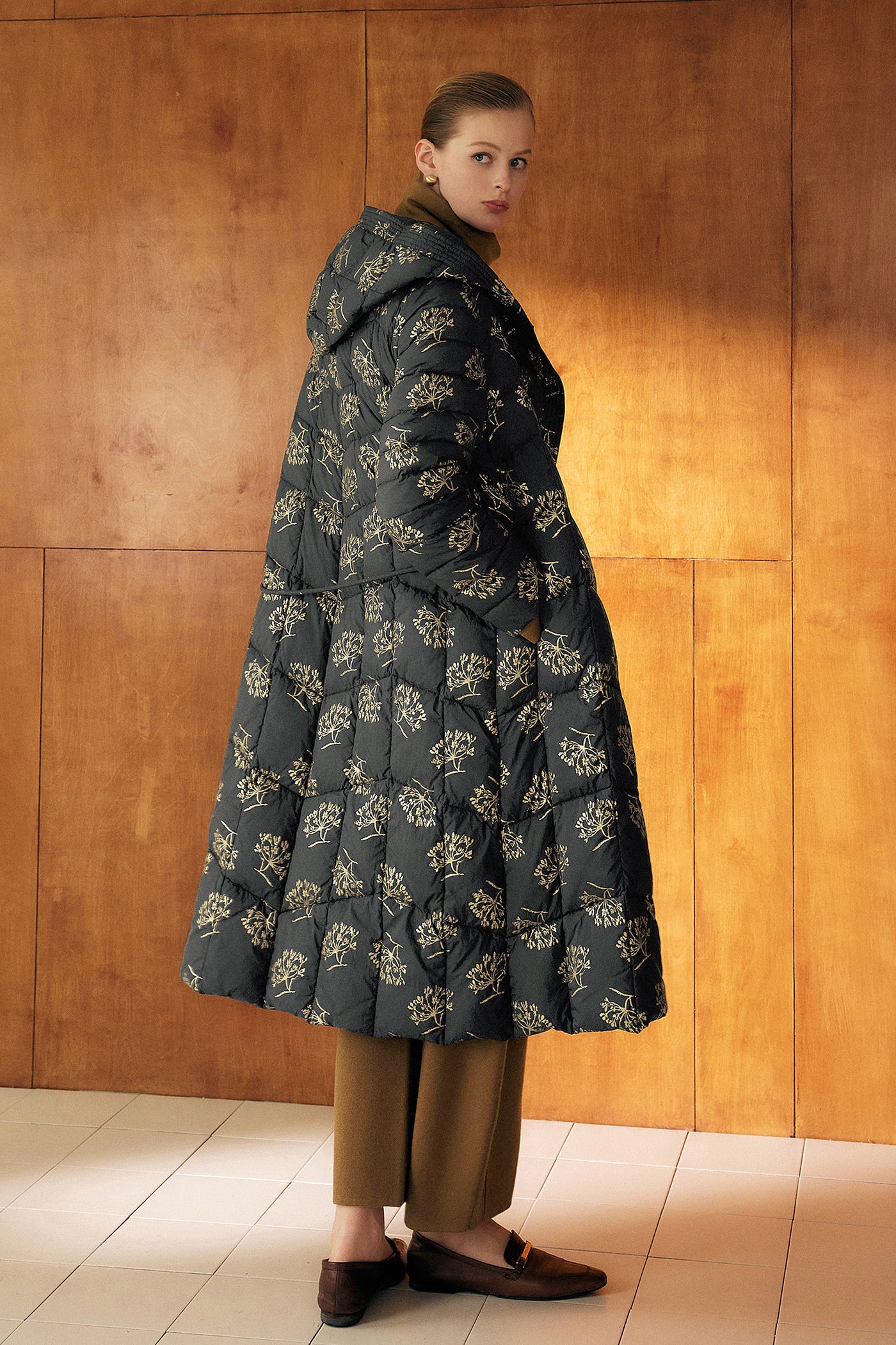 KAMILAN Noir Botanique Quilted Down Coat with Golden Motif
