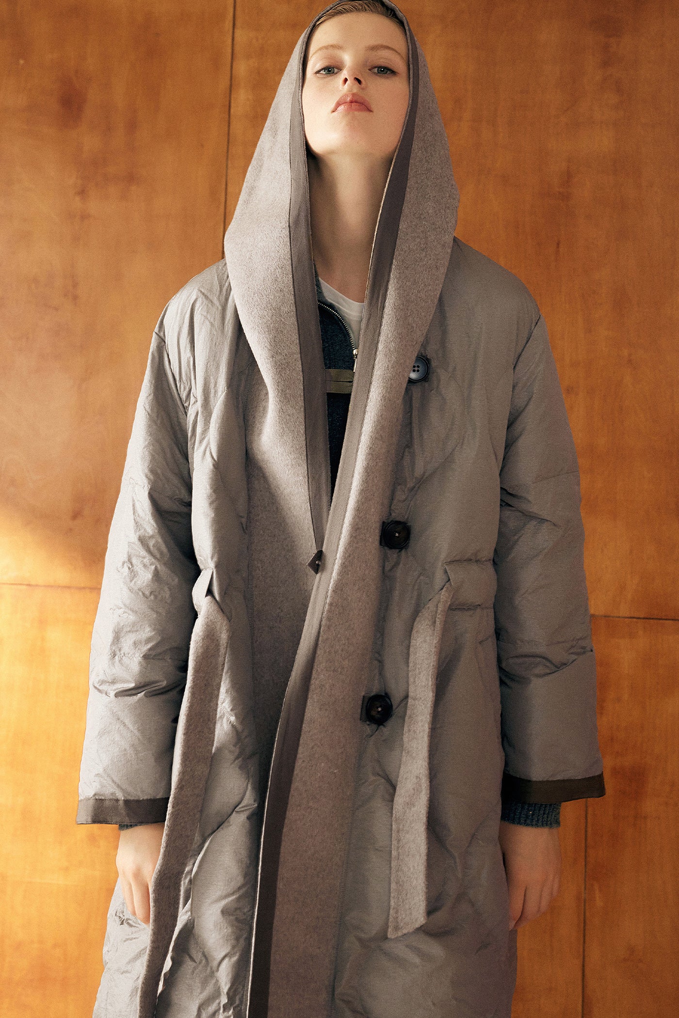KAMILAN Hooded Down Coat with Wool Accents The Poetic Balance of Structure and Warmth