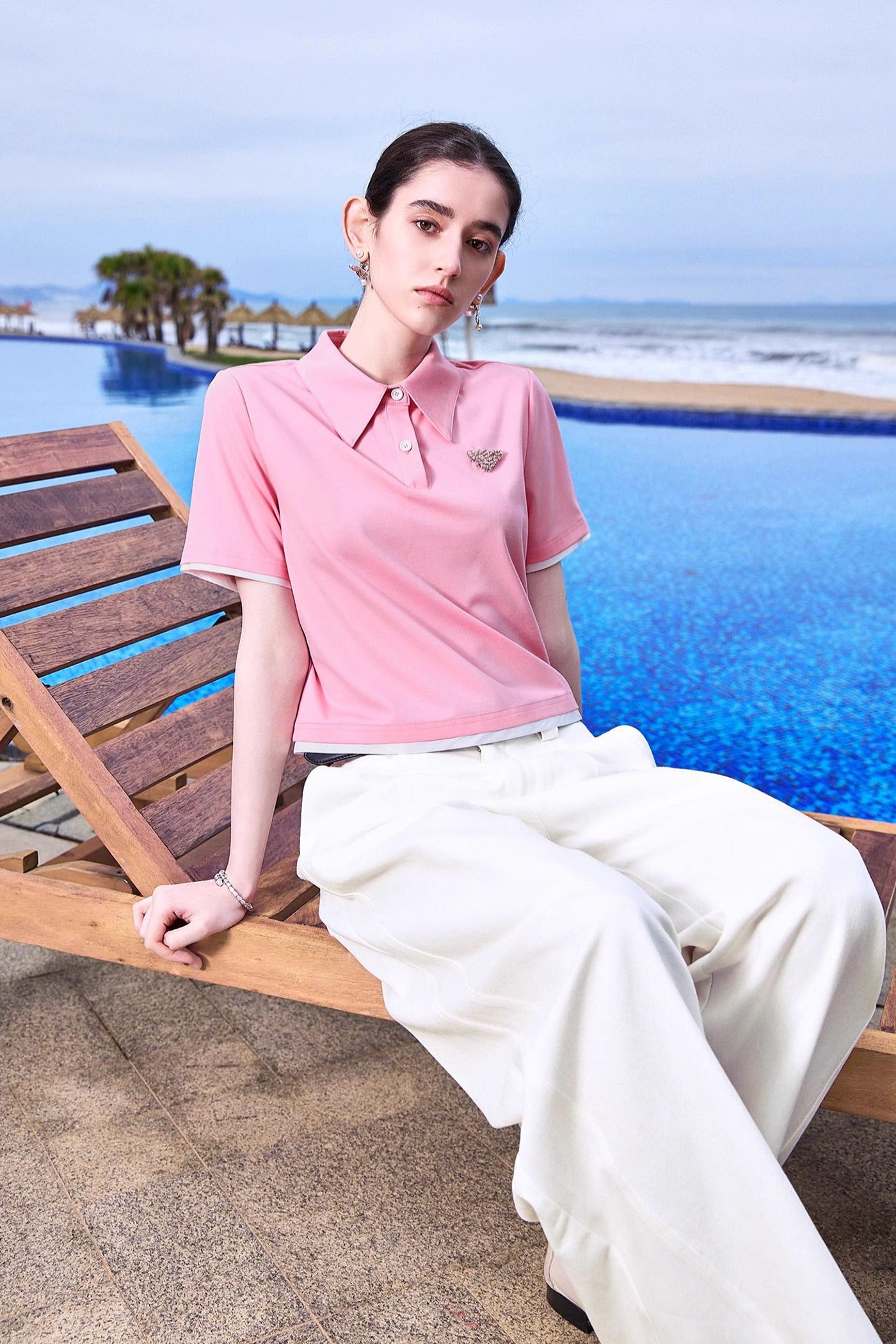 KAMILAN Pink Polo Tee with Crystal Embellished Emblem