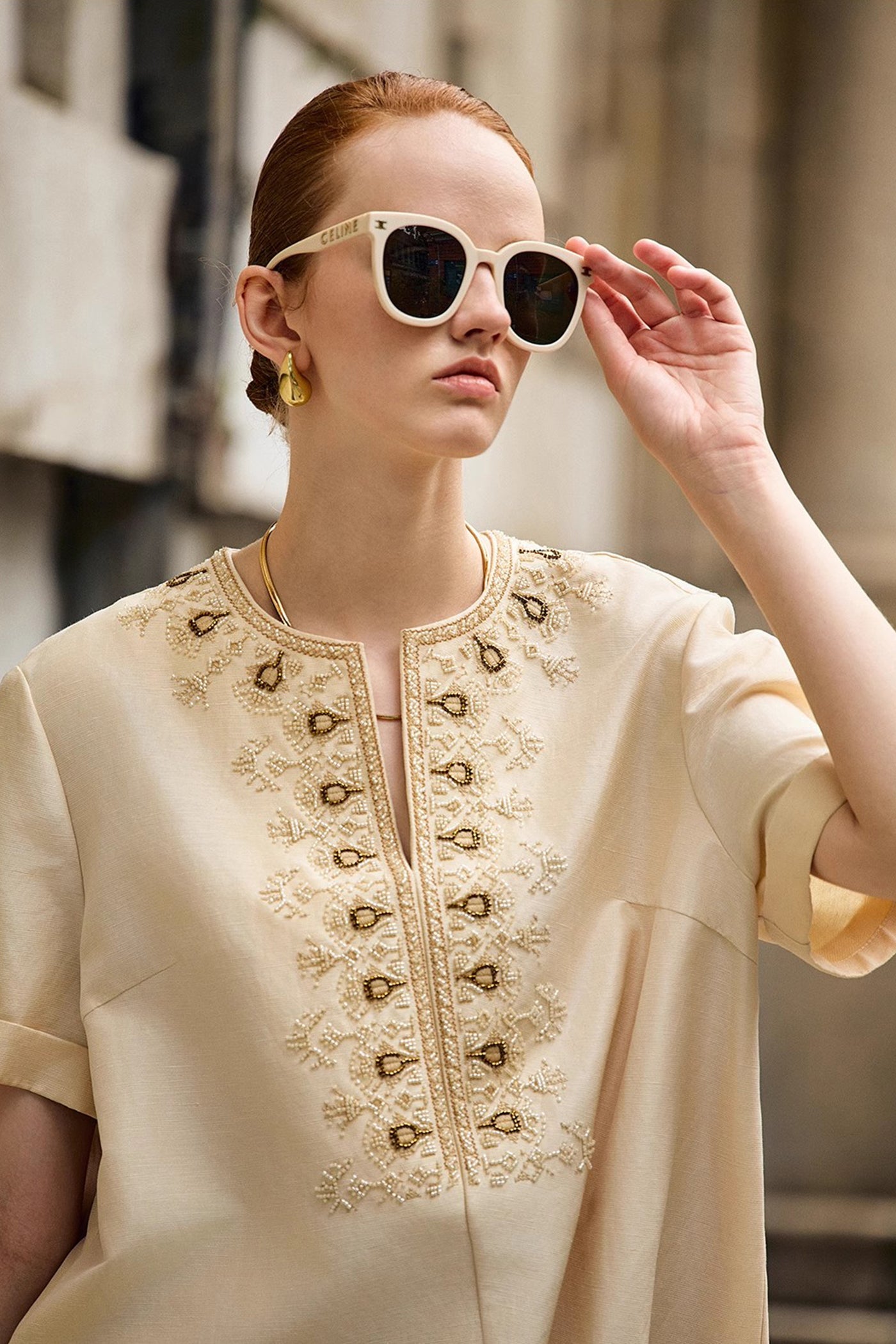 KAMILAN Embellished Linen Dress in Ivory