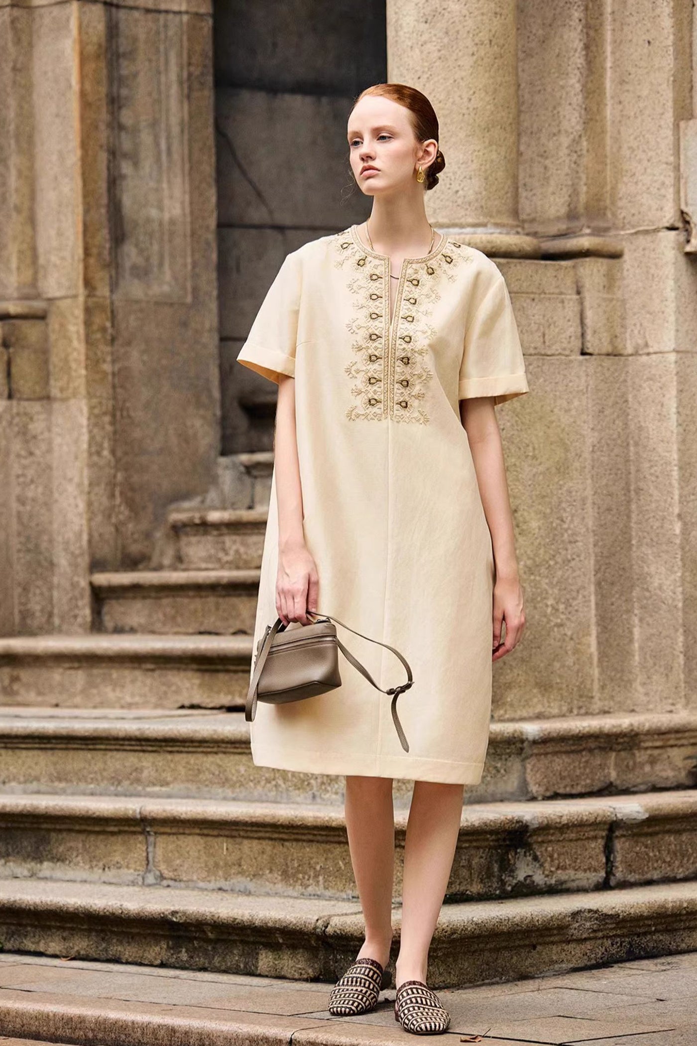 KAMILAN Embellished Linen Dress in Ivory
