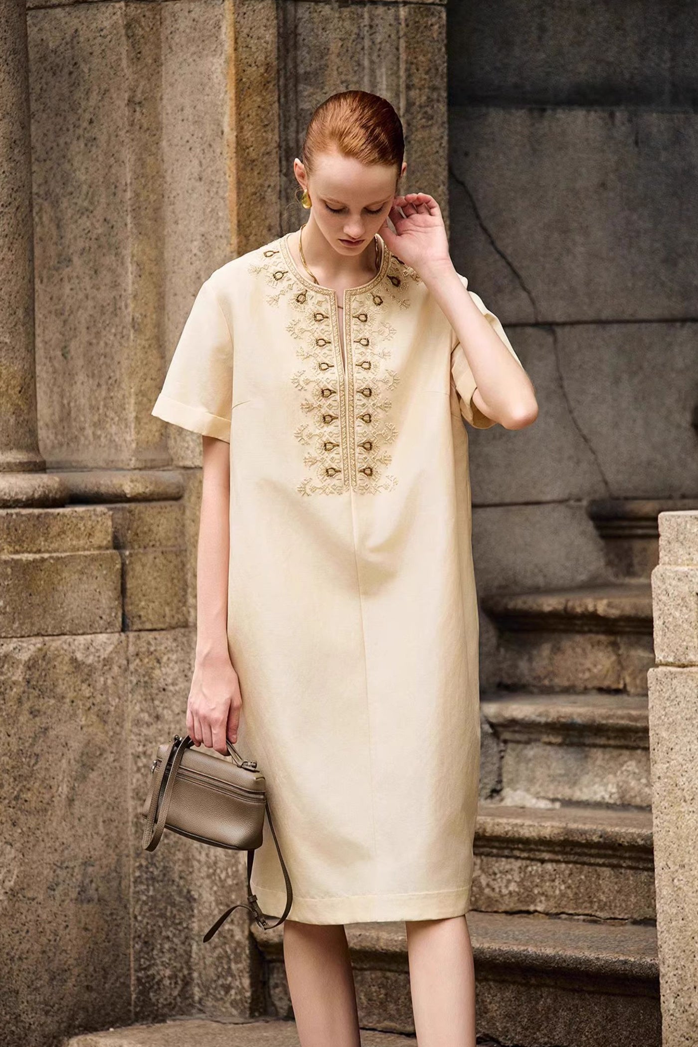 KAMILAN Embellished Linen Dress in Ivory