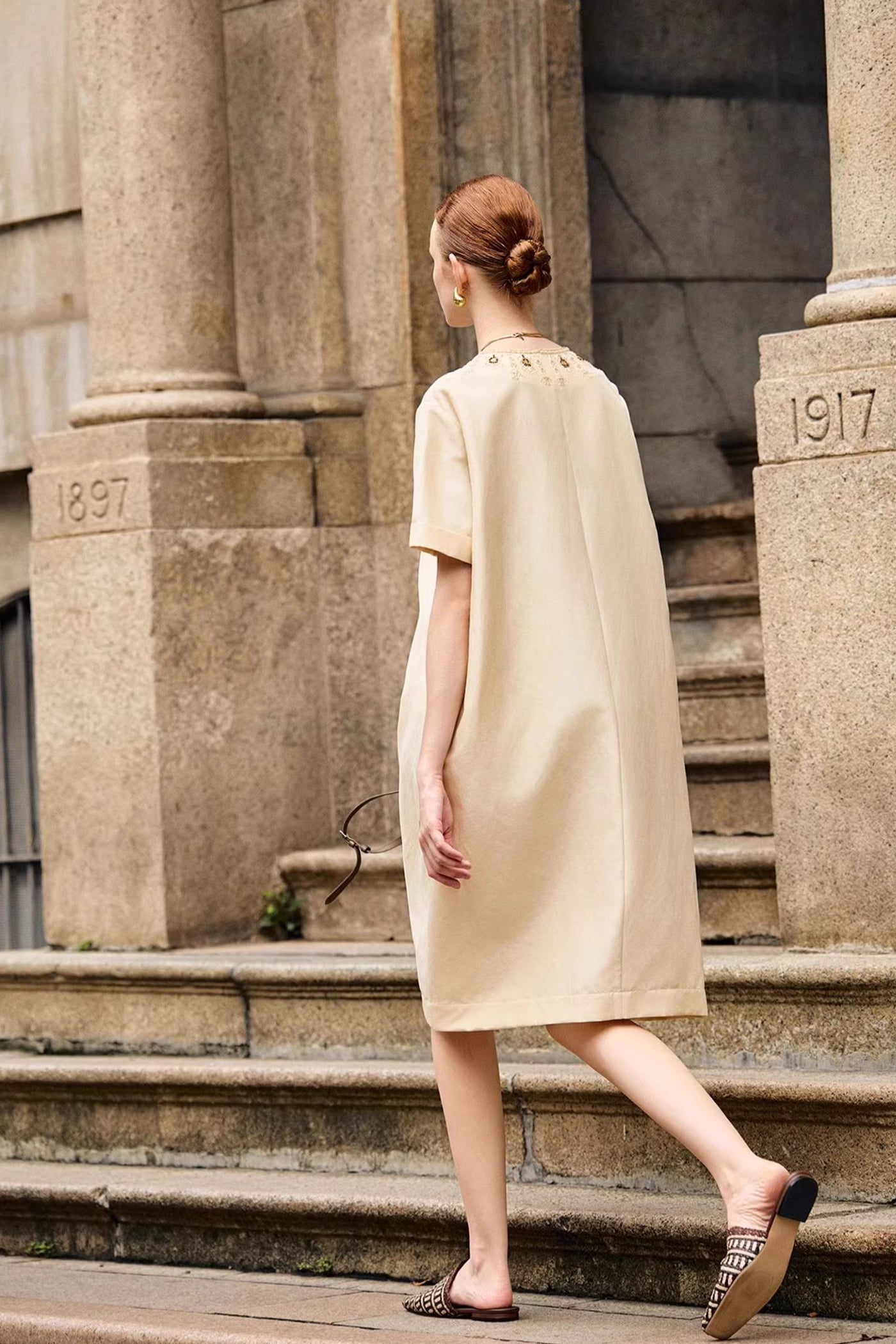 KAMILAN Embellished Linen Dress in Ivory