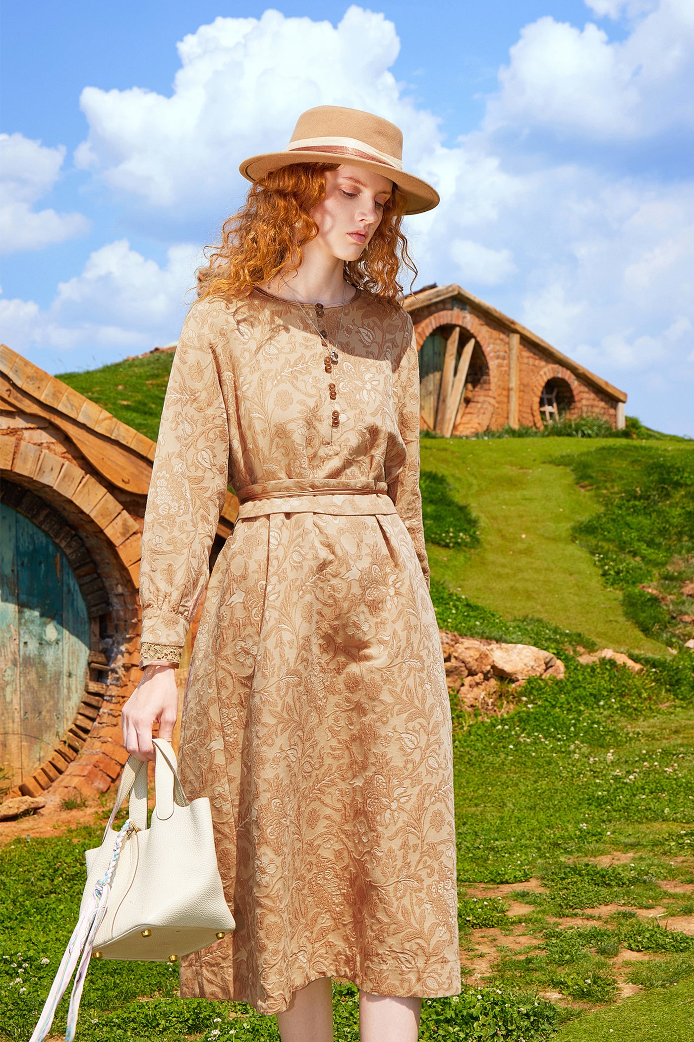 Kamilan Embroidered Jacquard Long-Sleeve Dress