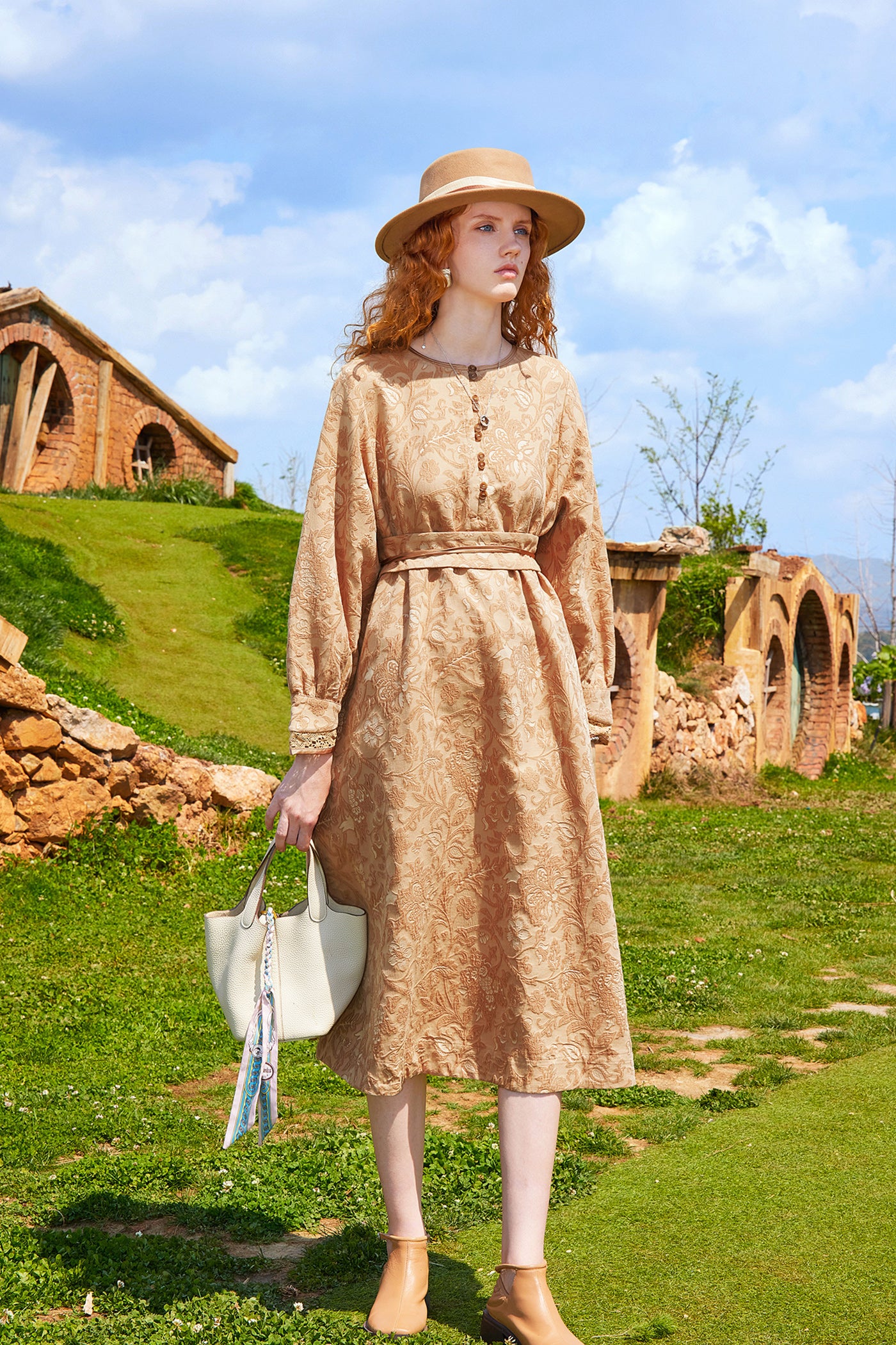 Kamilan Embroidered Jacquard Long-Sleeve Dress