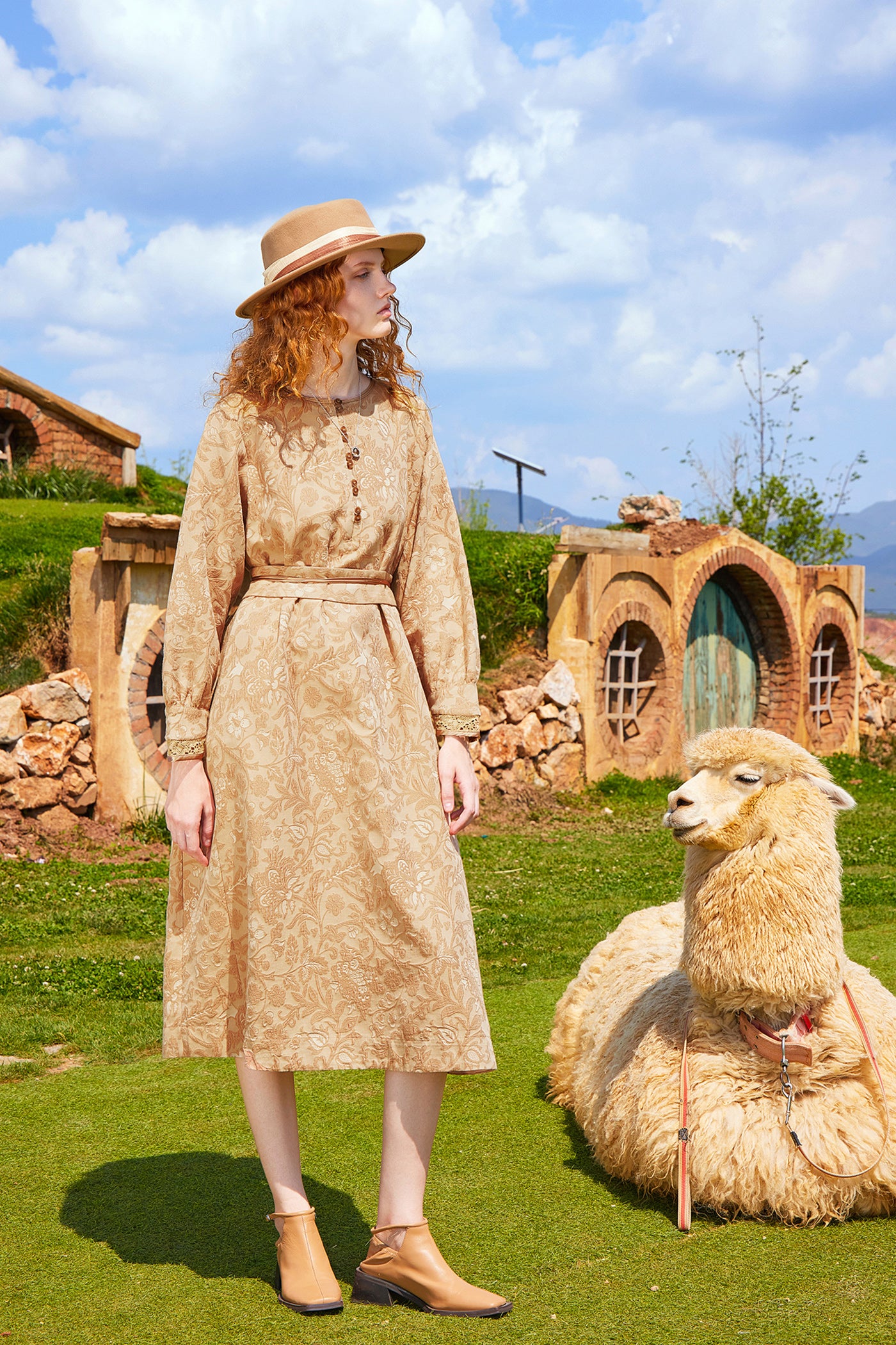 Kamilan Embroidered Jacquard Long-Sleeve Dress