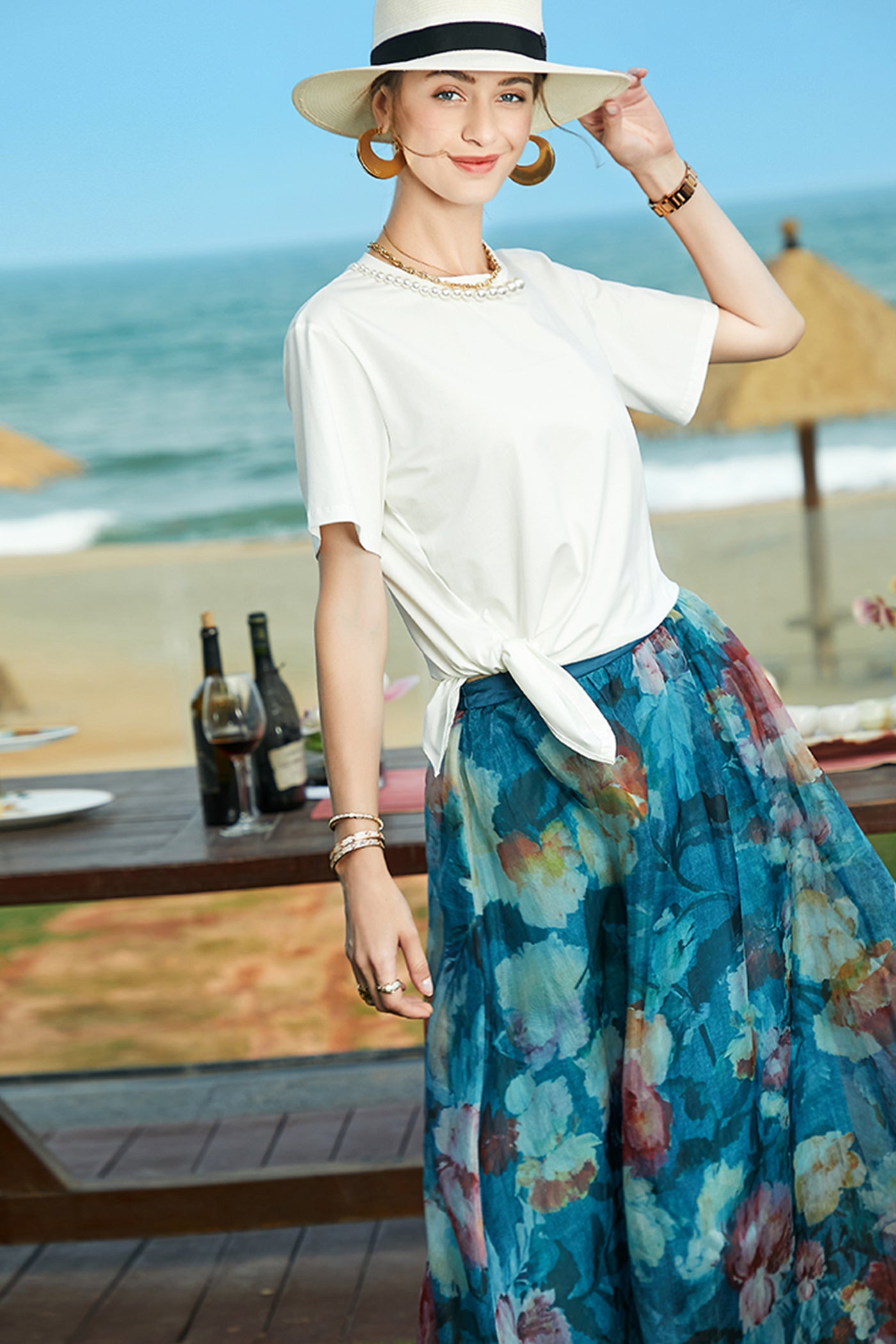 KAMILAN Pearl-Embellished Cotton Tee with Side Tie Detail