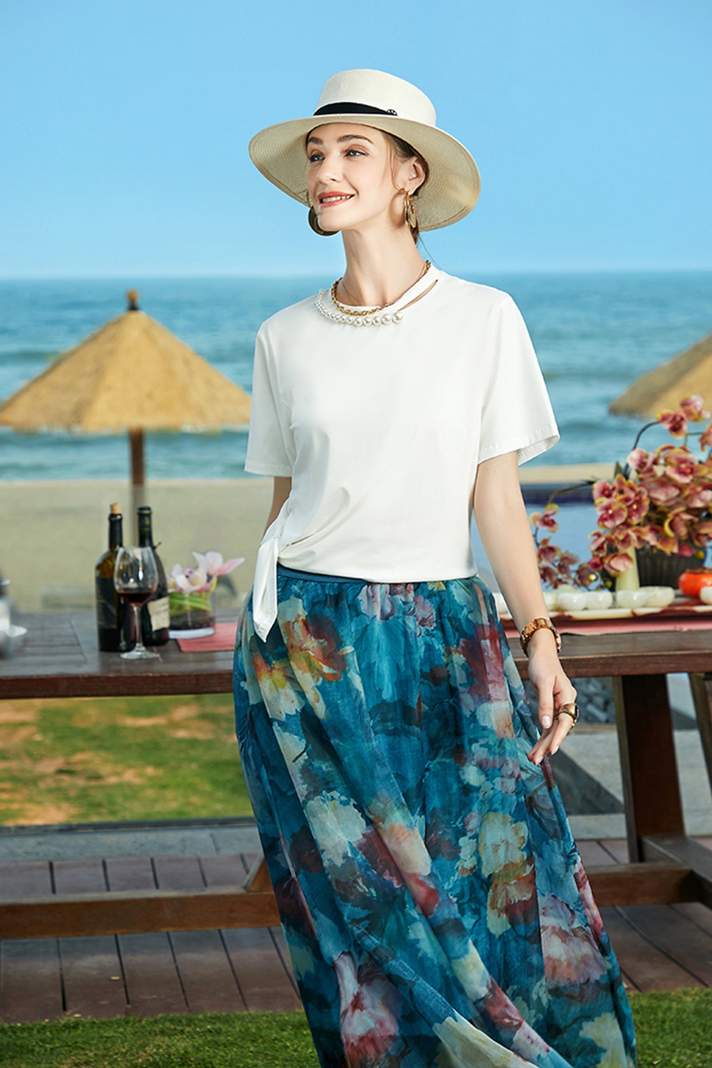 KAMILAN Pearl-Embellished Cotton Tee with Side Tie Detail