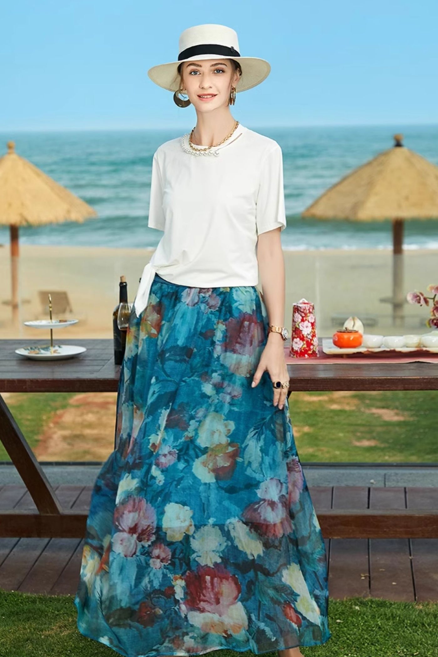 KAMILAN Pearl-Embellished Cotton Tee with Side Tie Detail