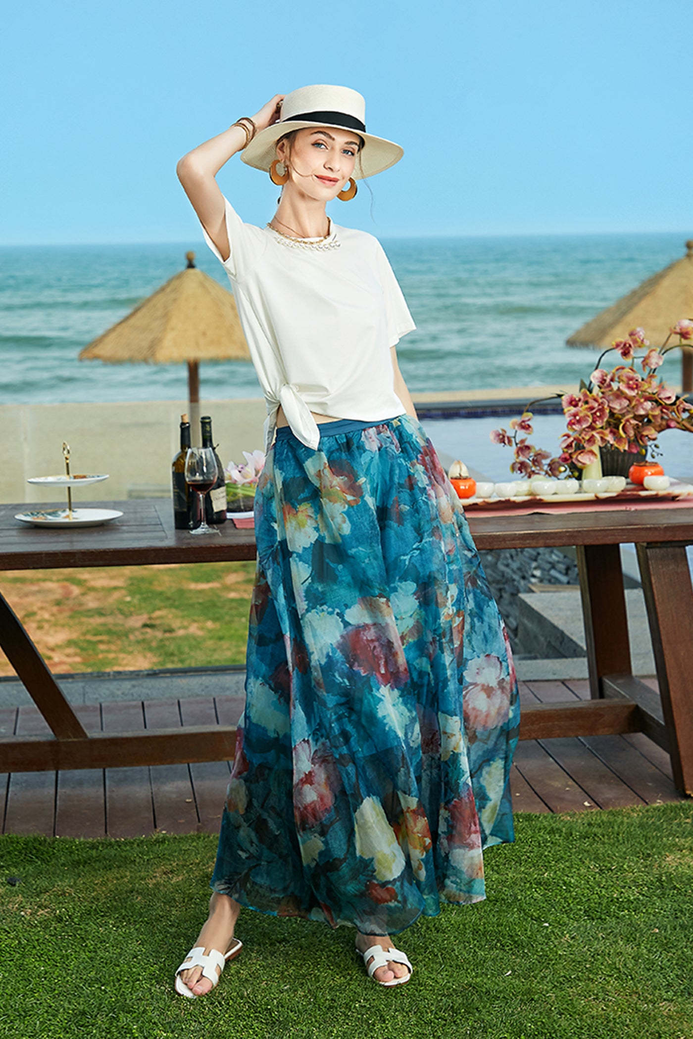 KAMILAN Pearl-Embellished Cotton Tee with Side Tie Detail