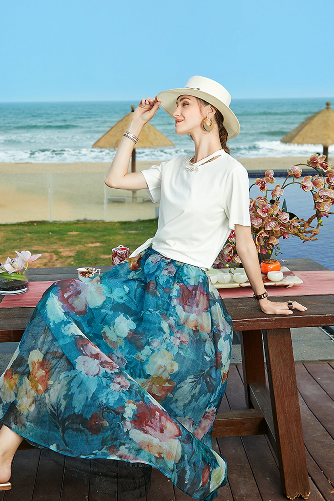 KAMILAN Pearl-Embellished Cotton Tee with Side Tie Detail