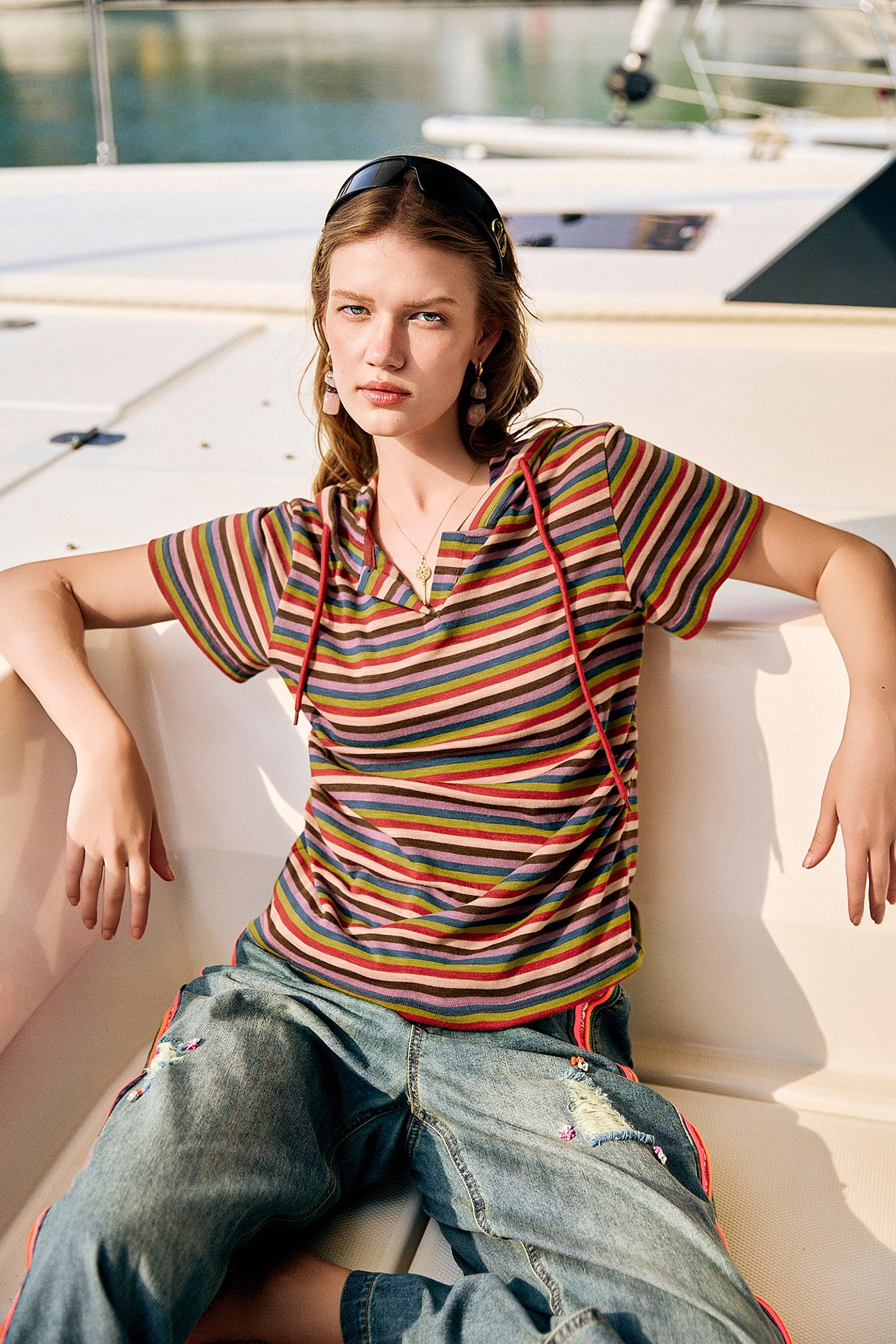 KAMILAN Multicolor Striped Hooded Tee in Fine Knit Cotton