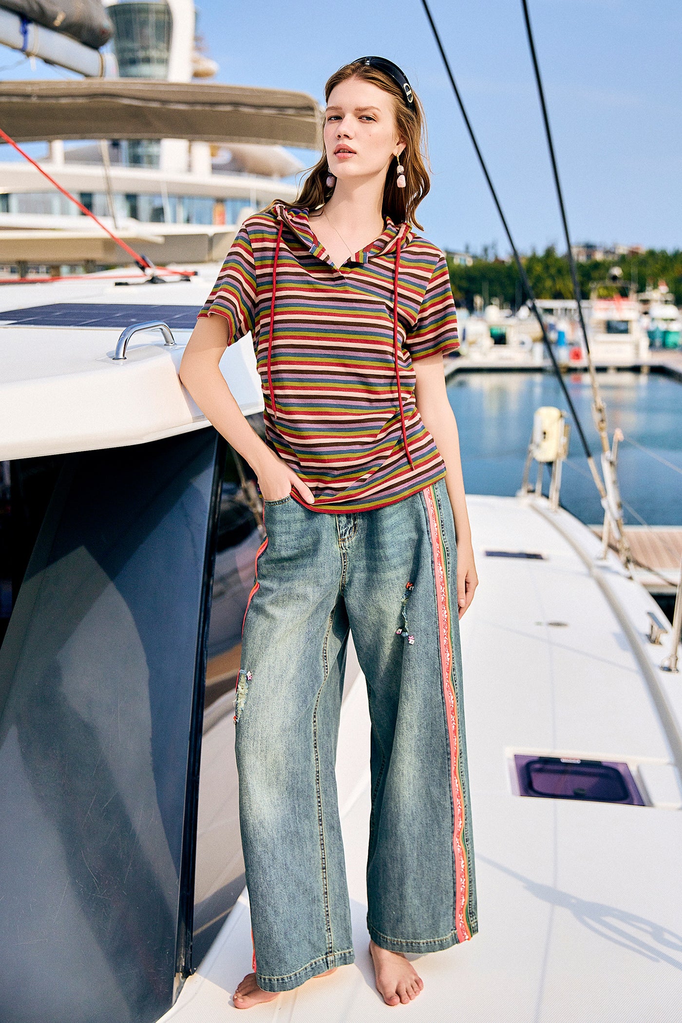 KAMILAN Multicolor Striped Hooded Tee in Fine Knit Cotton