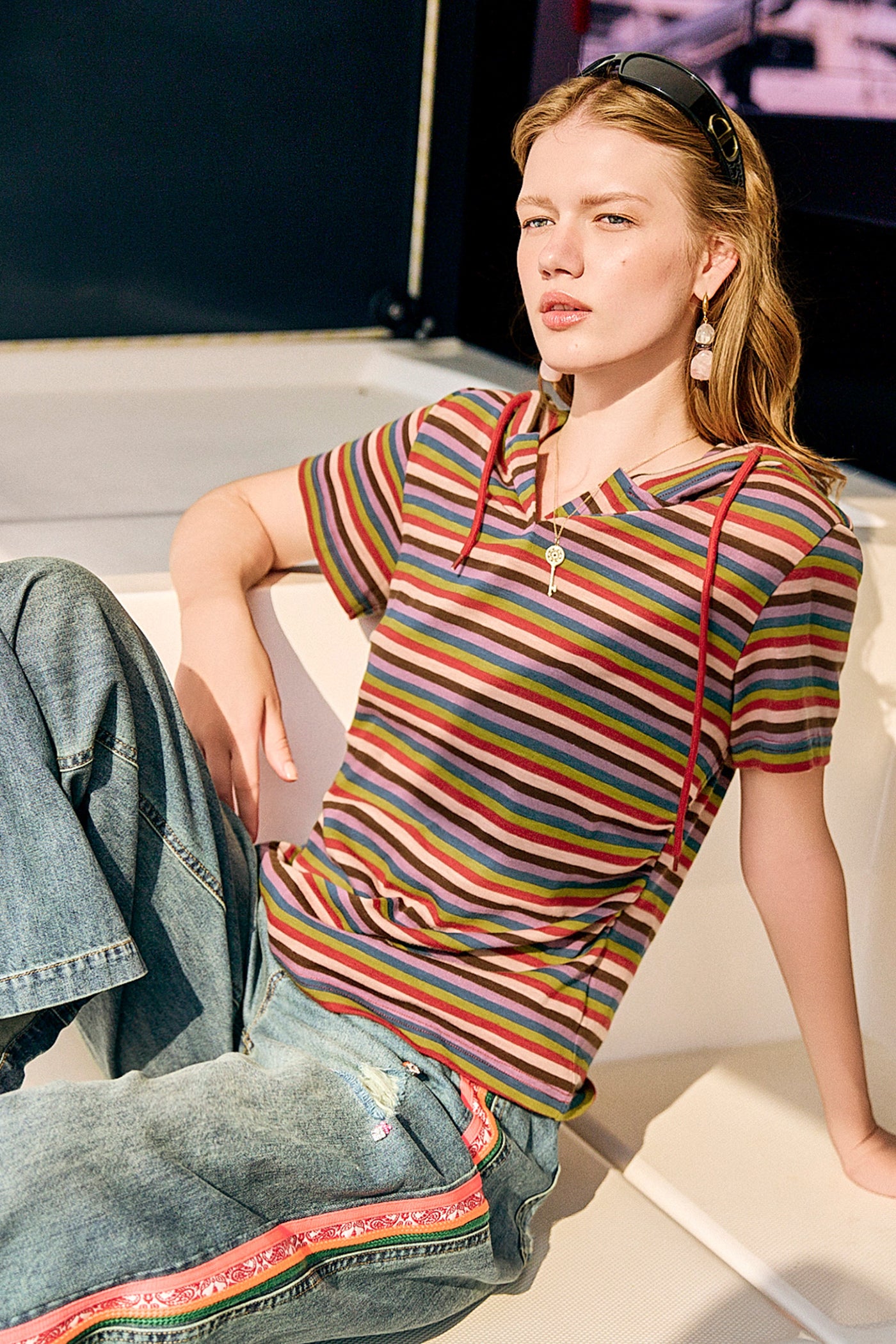 KAMILAN Multicolor Striped Hooded Tee in Fine Knit Cotton