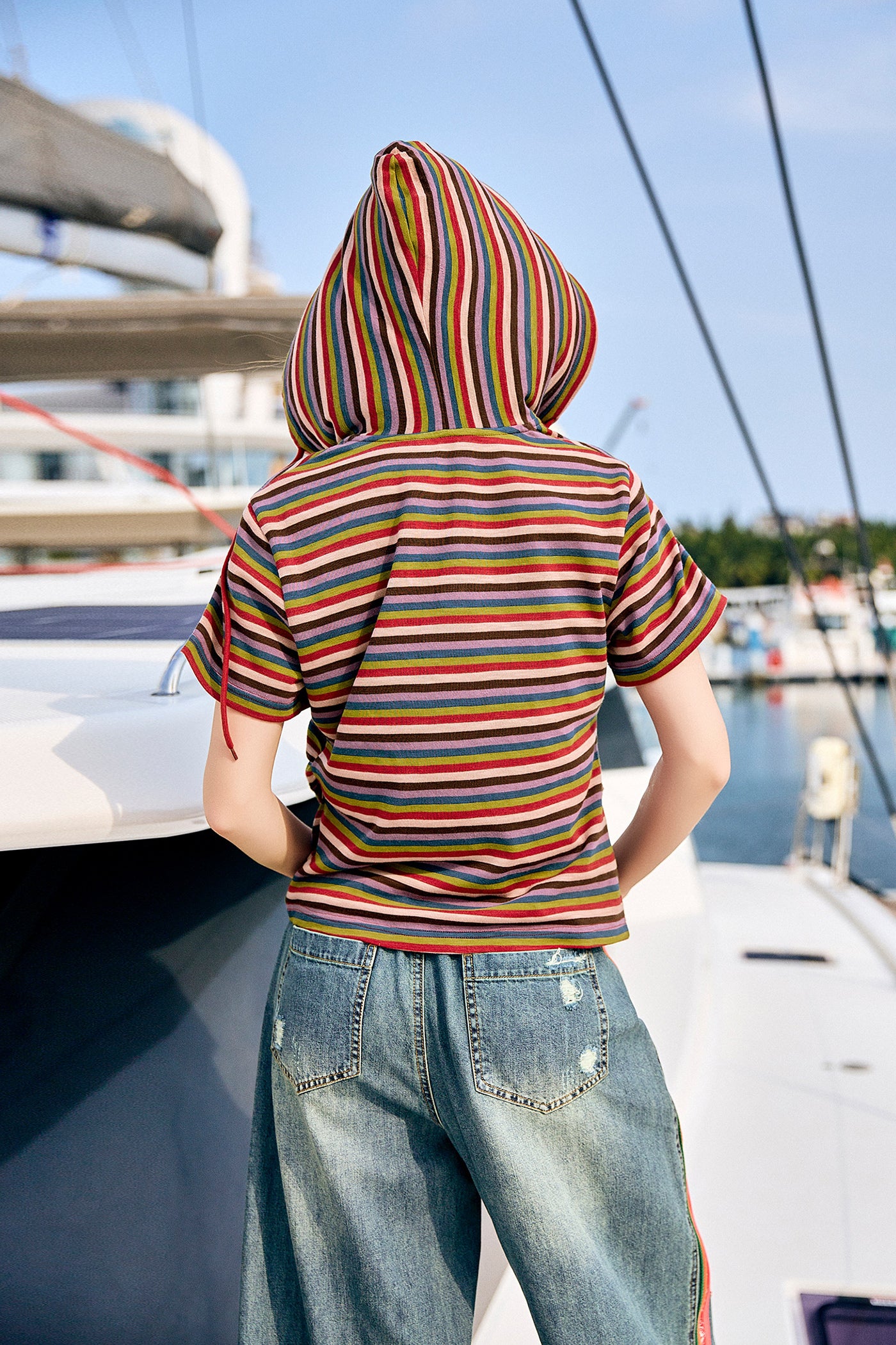 KAMILAN Multicolor Striped Hooded Tee in Fine Knit Cotton