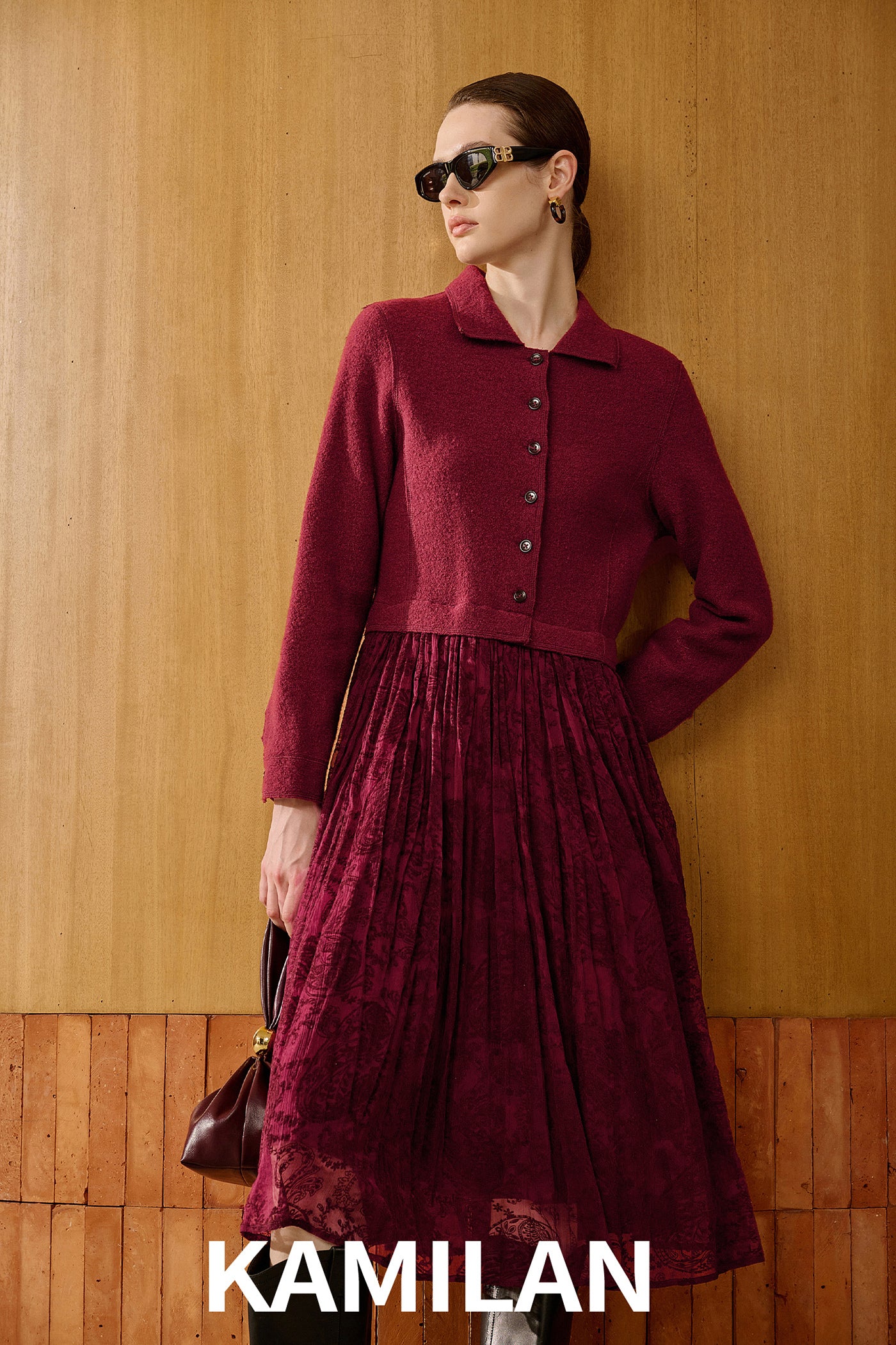 KAMILAN Wool & Jacquard Paneled Dress for Autumn–Winter