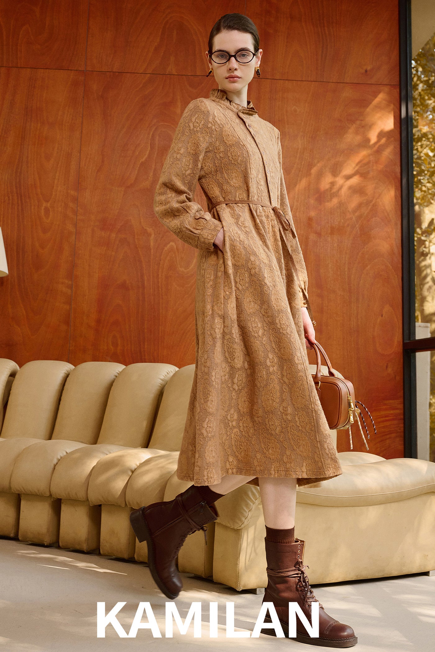 KAMILAN Jacquard Dress with Frilled Collar