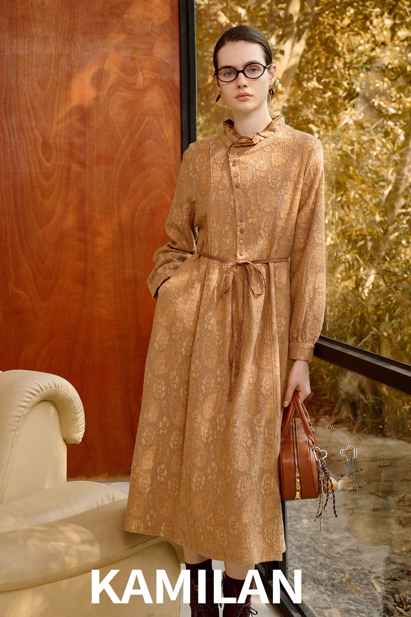 KAMILAN Jacquard Dress with Frilled Collar
