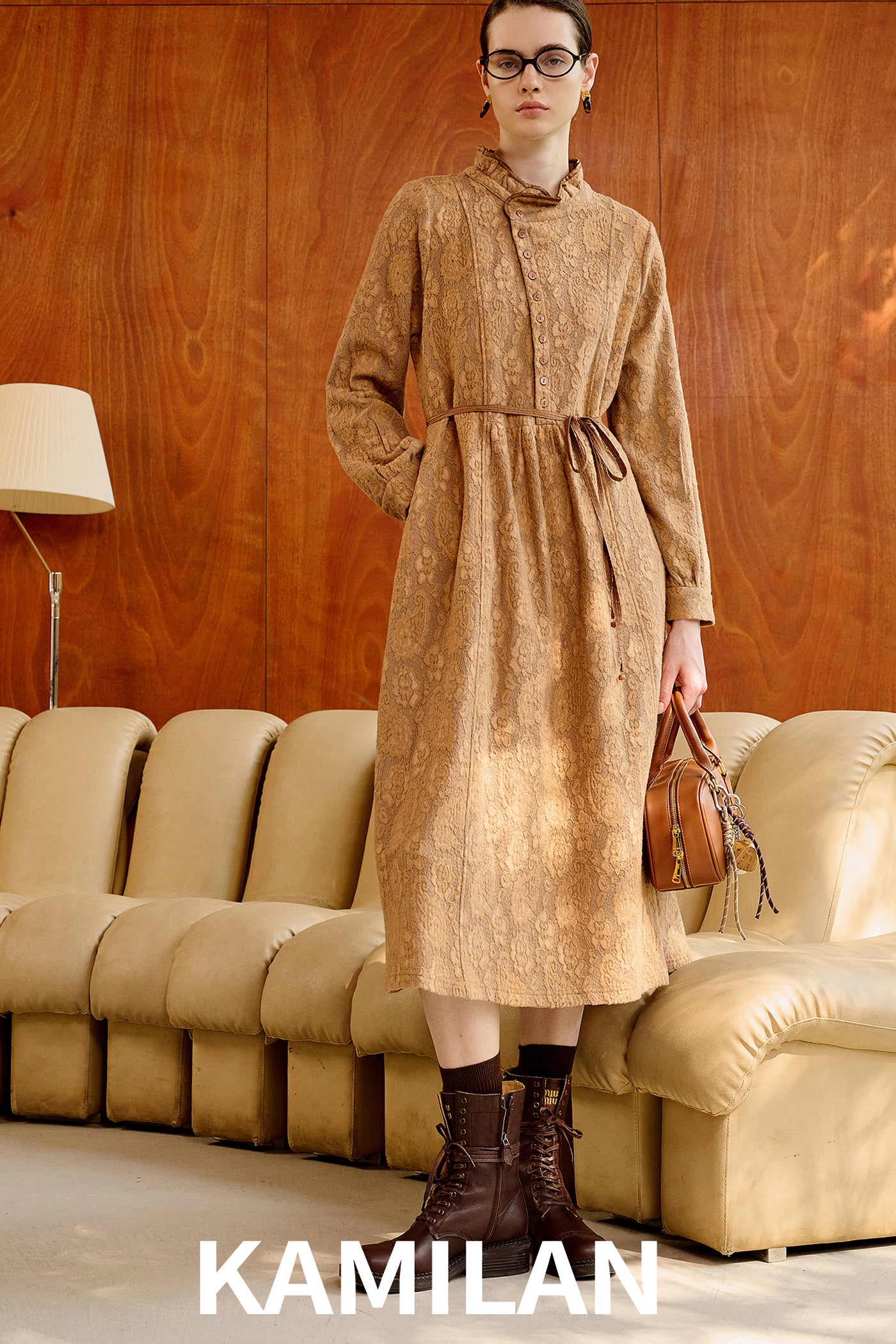 KAMILAN Jacquard Dress with Frilled Collar
