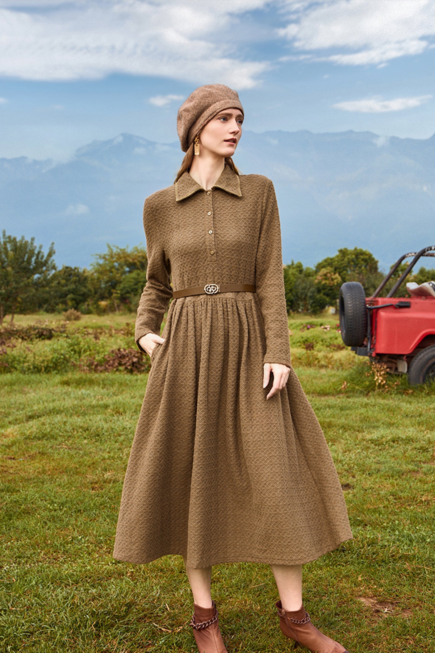 KAMILAN Geometric Textured Dress with Collar for Autumn-Winter