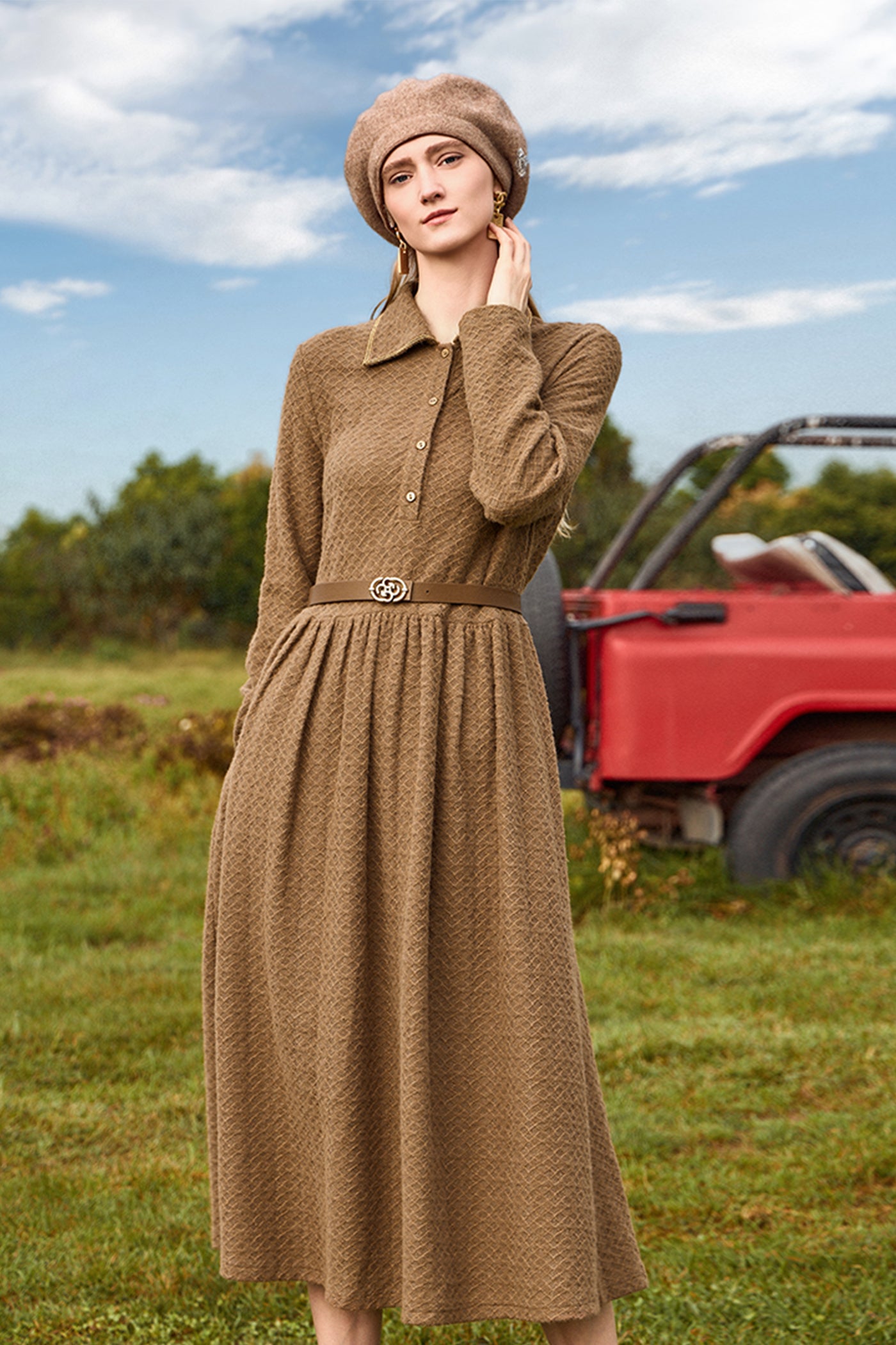 KAMILAN Geometric Textured Dress with Collar for Autumn-Winter