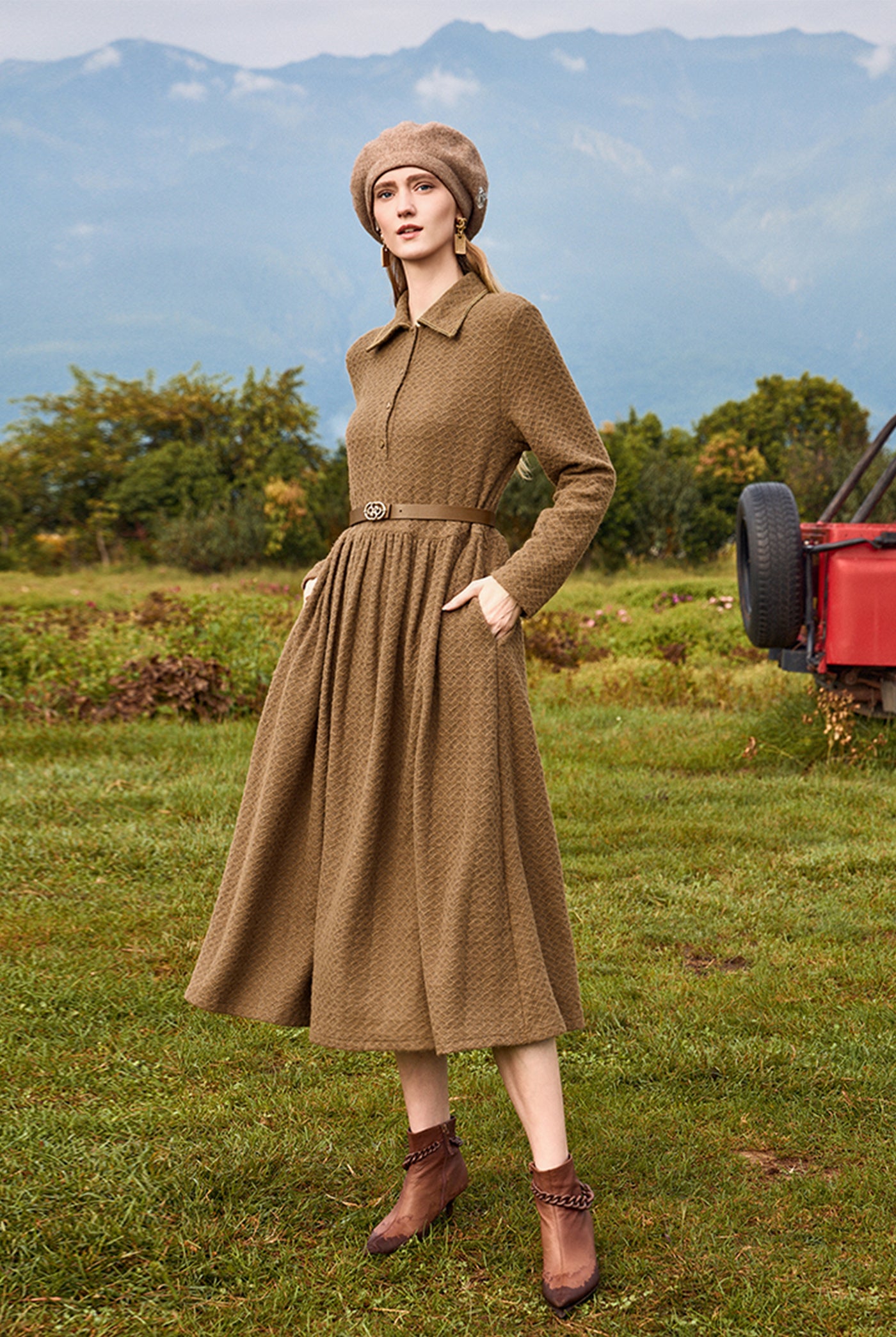 KAMILAN Geometric Textured Dress with Collar for Autumn-Winter