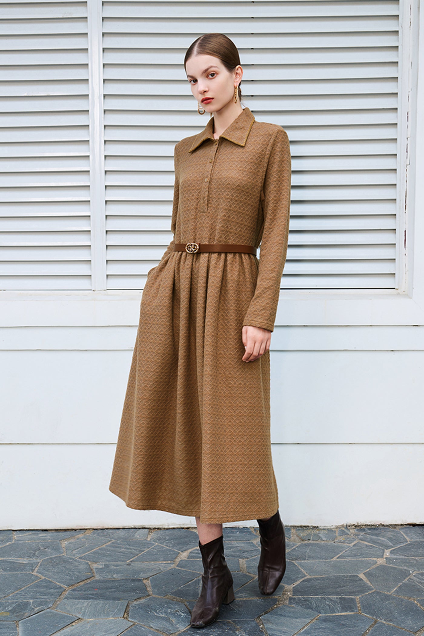KAMILAN Geometric Textured Dress with Collar for Autumn-Winter
