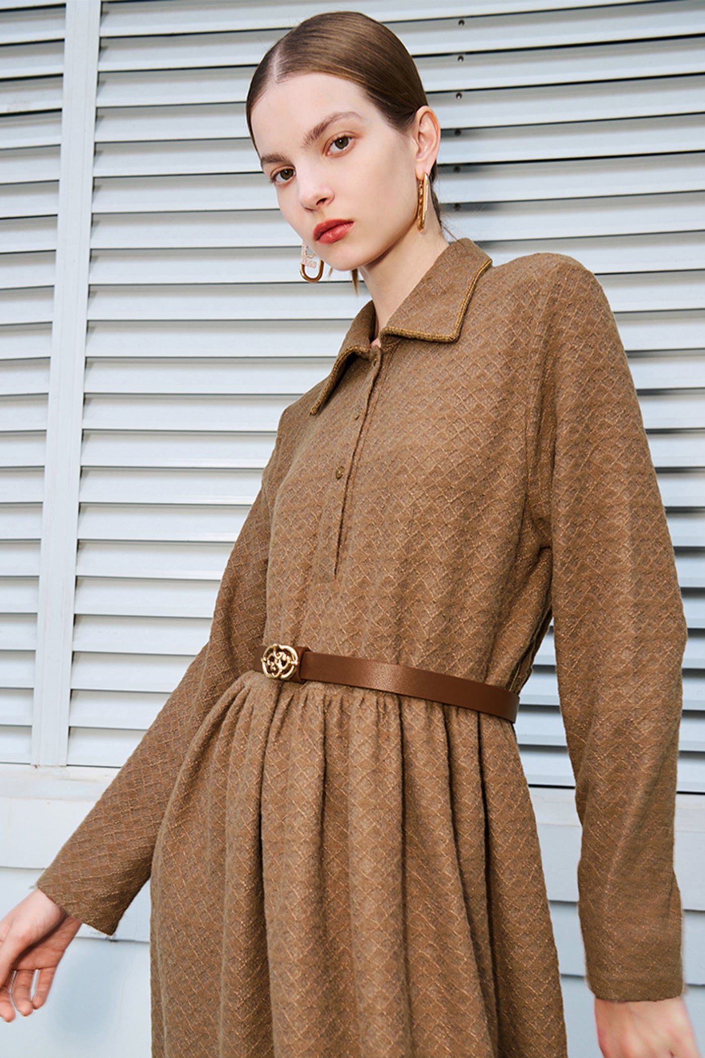 KAMILAN Geometric Textured Dress with Collar for Autumn-Winter