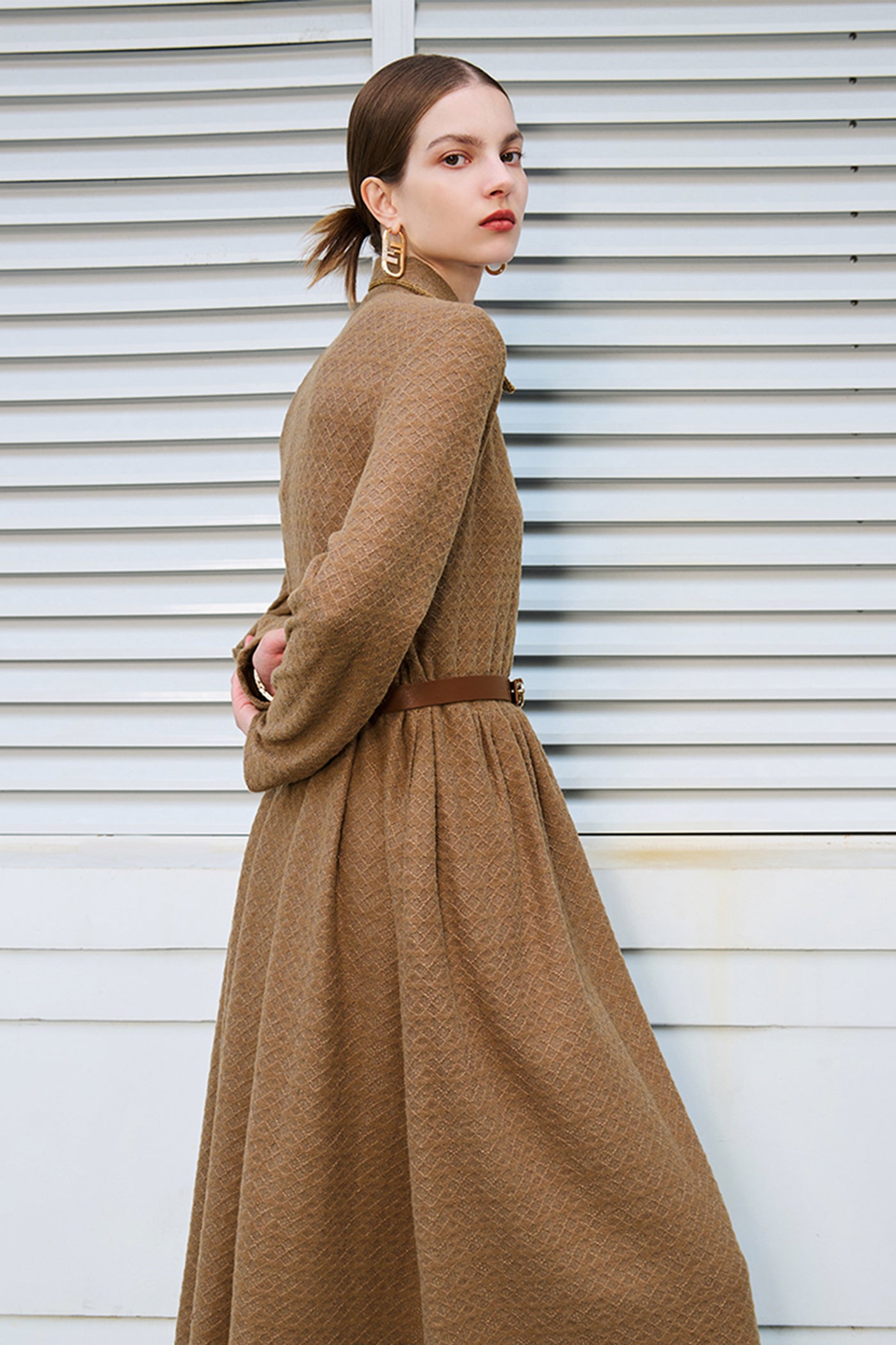 KAMILAN Geometric Textured Dress with Collar for Autumn-Winter