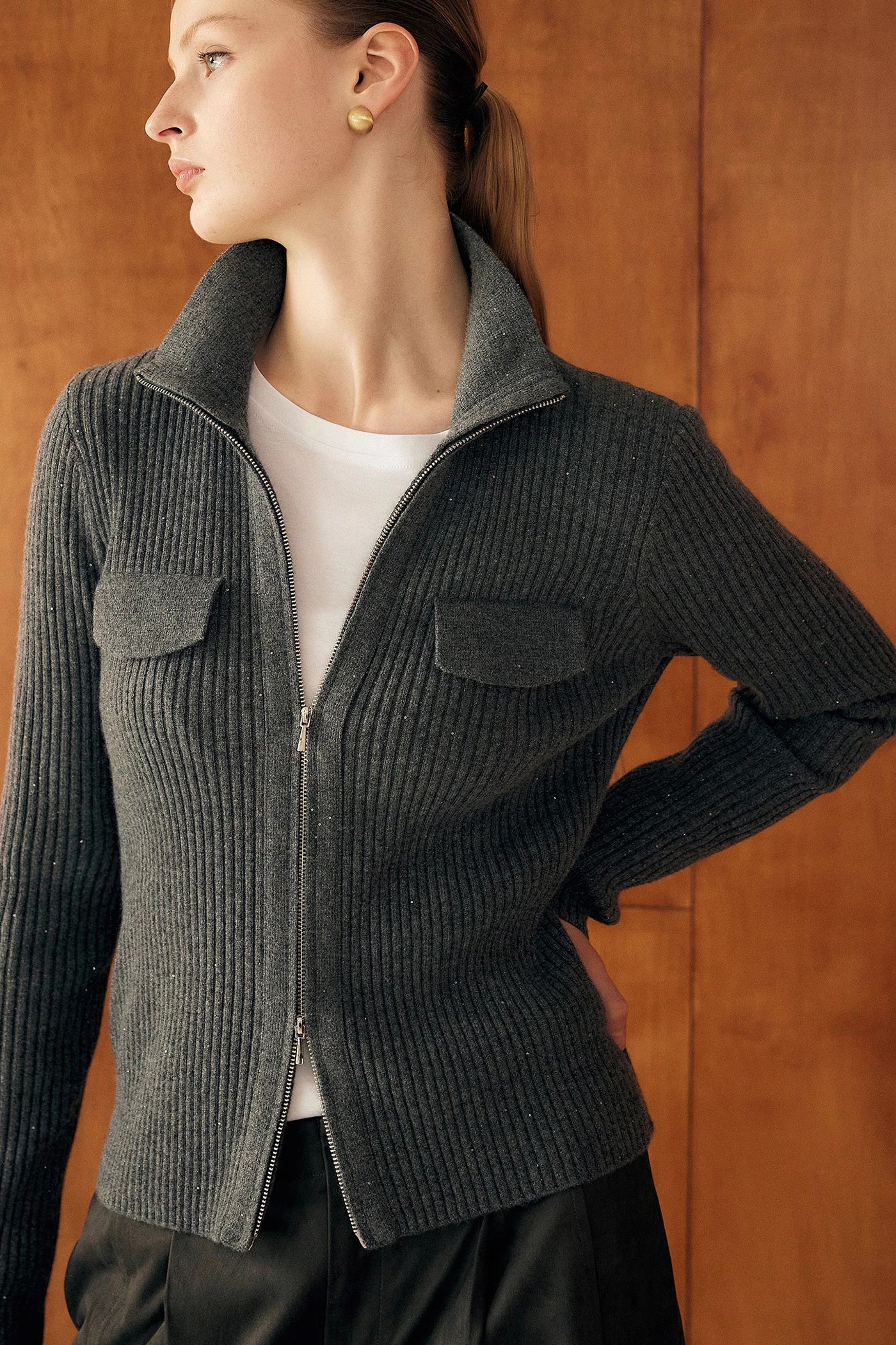 KAMILAN Zip-Front Ribbed Knit Cardigan with Stand Collar
