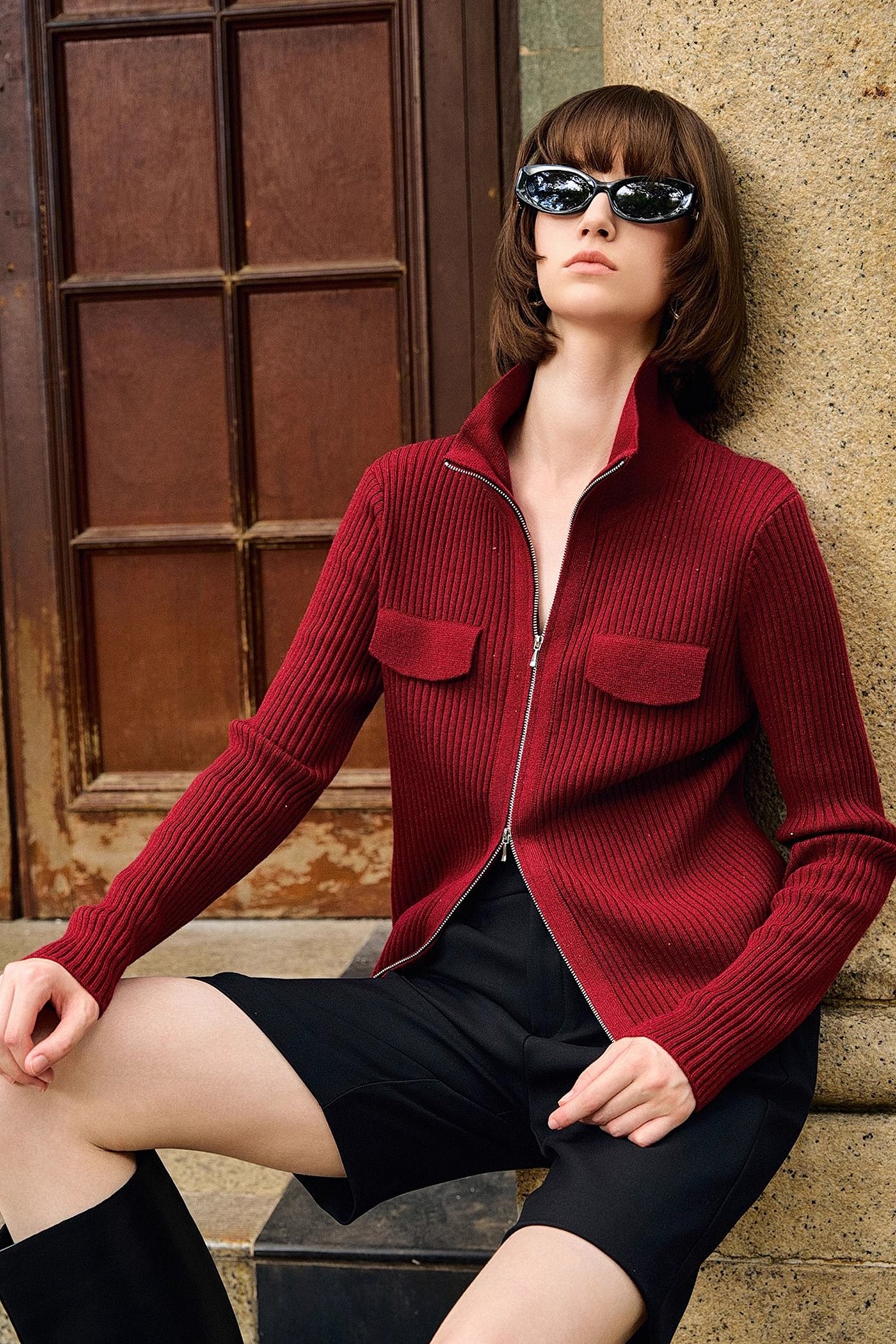 KAMILAN Zip-Front Ribbed Knit Cardigan with Stand Collar