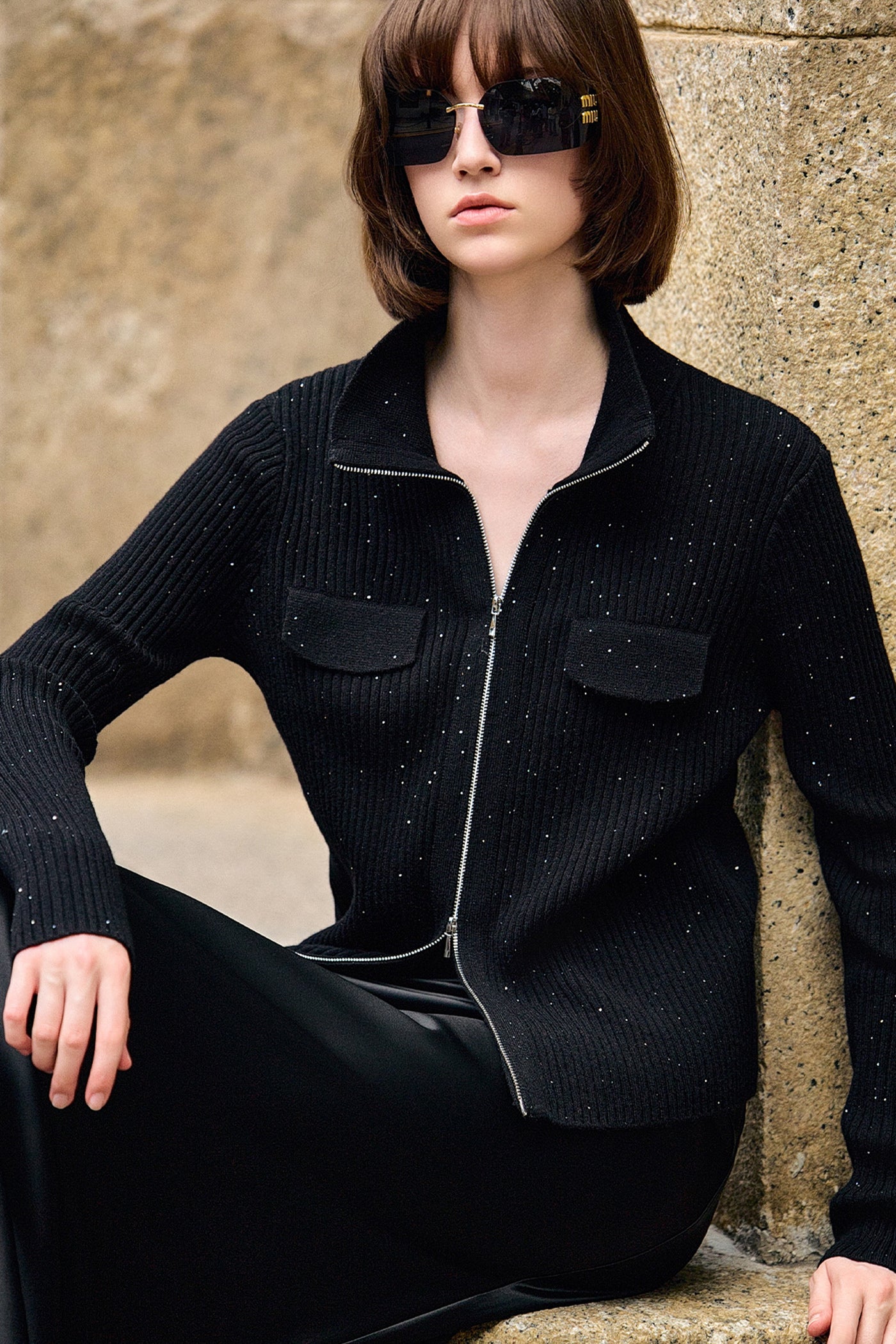 KAMILAN Zip-Front Ribbed Knit Cardigan with Stand Collar